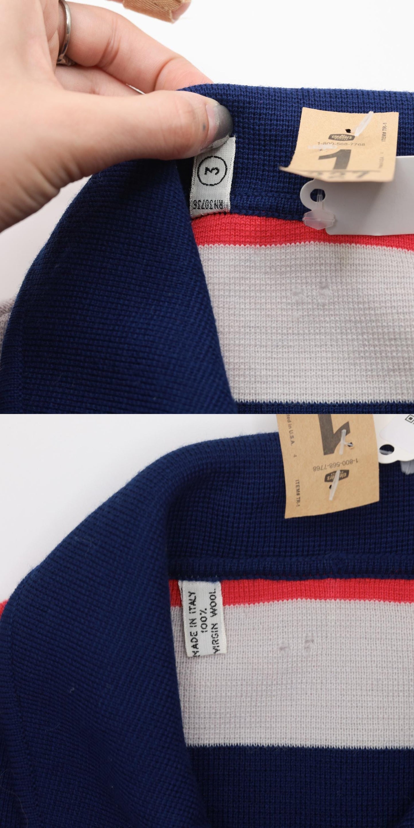 60s Striped Wool Cardigan Sweater Cropped Navy Pink White Small
