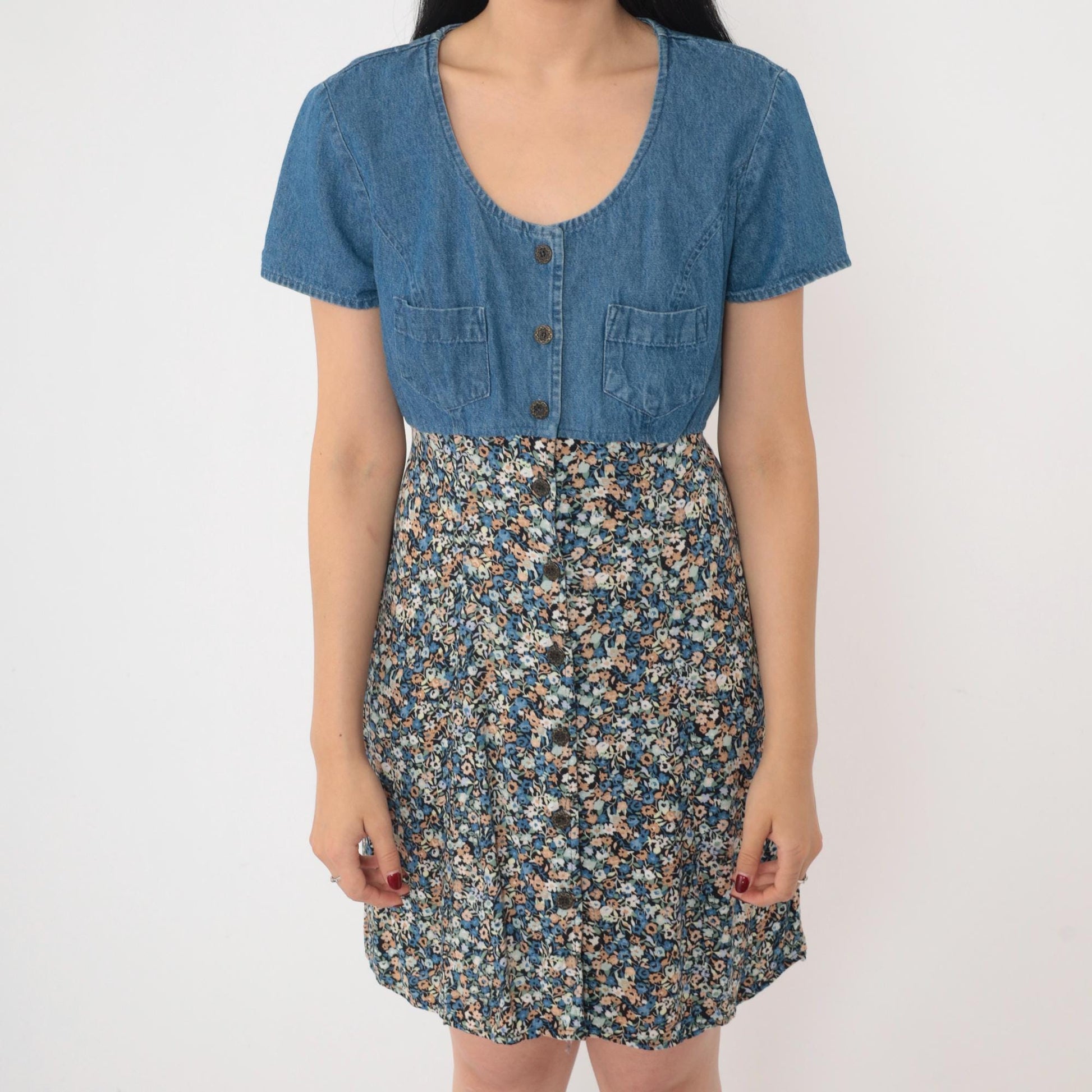 90s All That Jazz Floral Denim Mini Dress High Waist Button Up Blue Medium