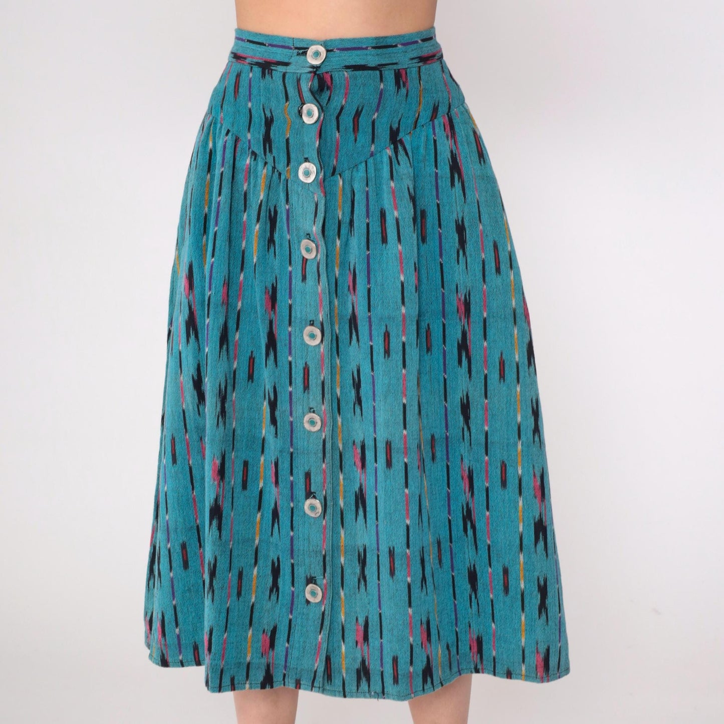90s Teal Ikat Midi Skirt Button Front High Waist Southwestern Extra Small