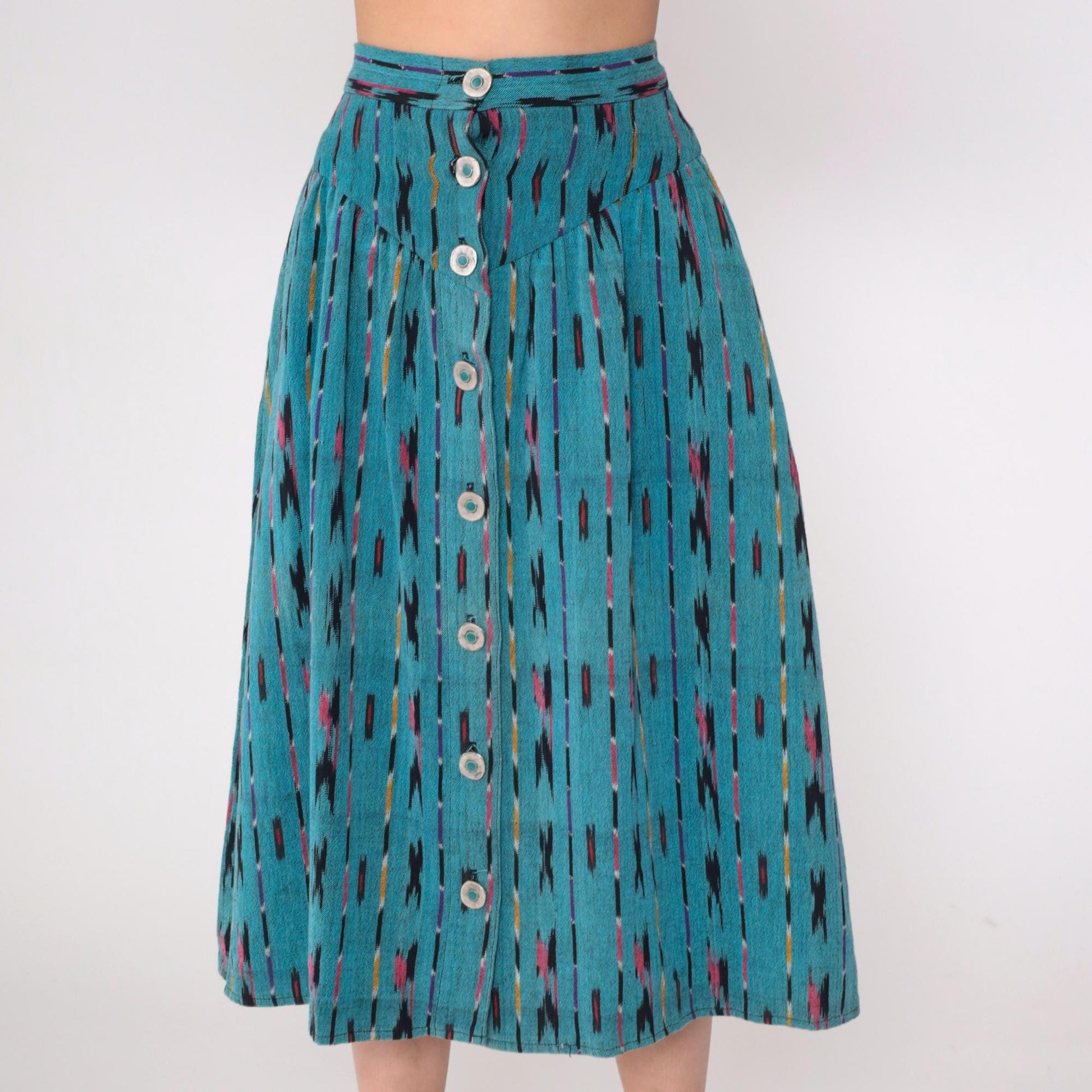90s Teal Ikat Midi Skirt Button Front High Waist Southwestern Extra Small