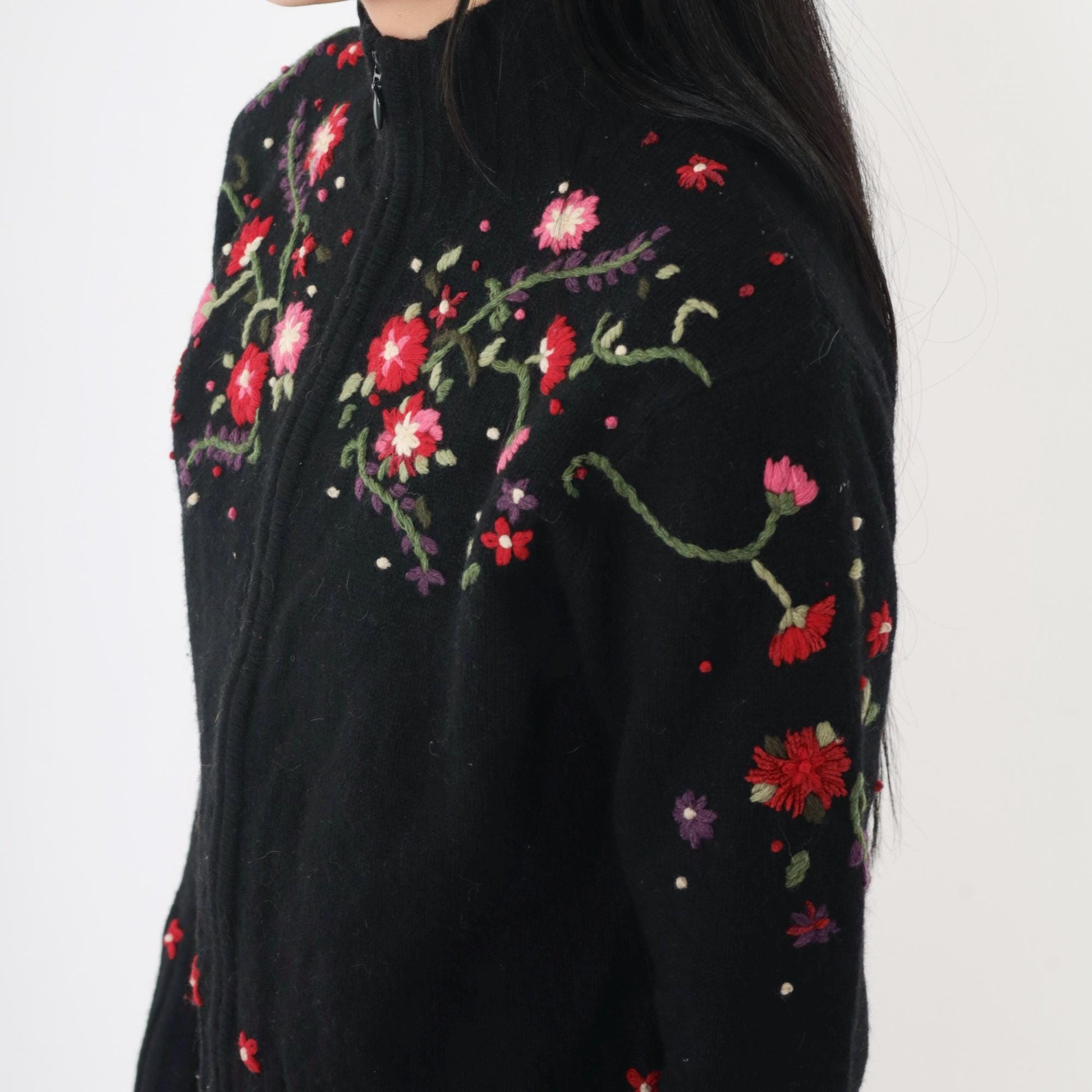 Y2K Talbots Floral Embroidered Cardigan Black Lambswool Mock Neck Zip Small