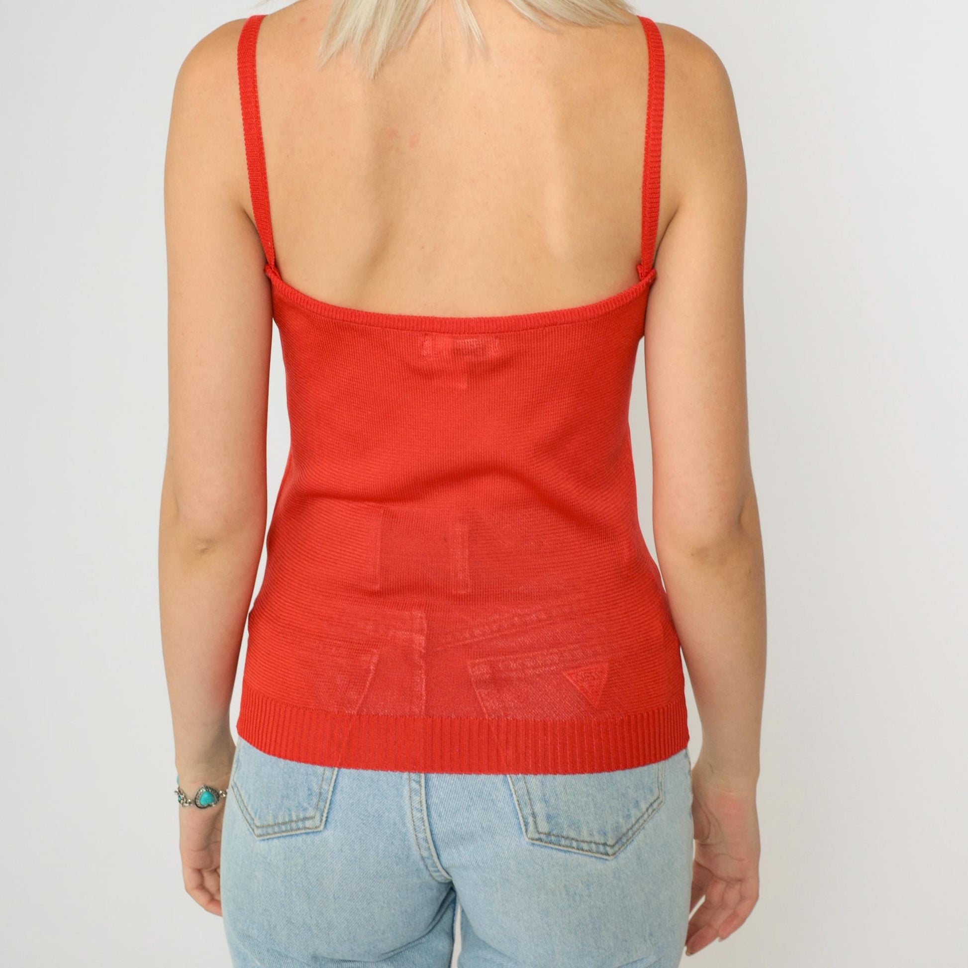 Y2K Red Knit Tank Top Antique Car Cutout Spaghetti Straps Extra Small