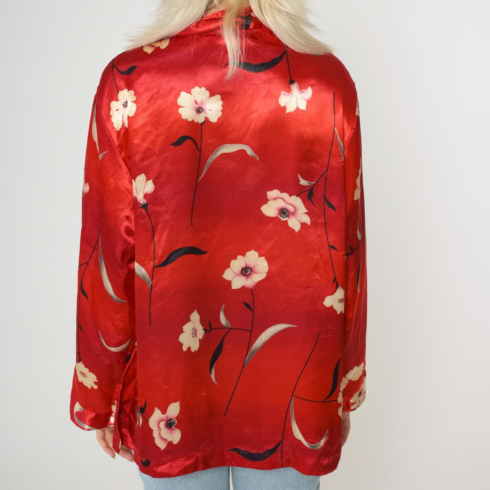 90s Neiman Marcus Red Floral Satin Blouse Frog Closures Ombre Medium