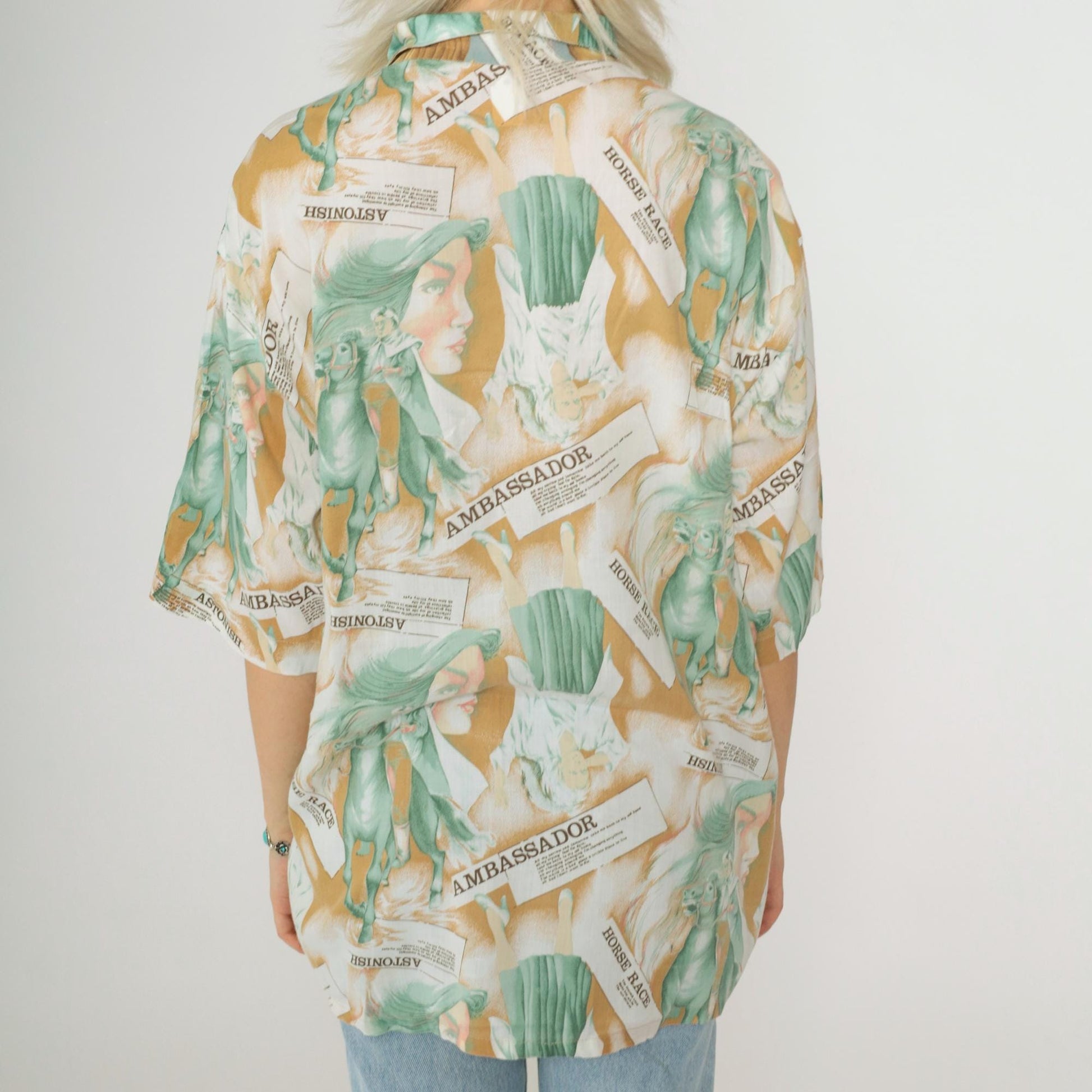 90s Horse Racing Ambassador Graphic Button-Up Shirt Short Sleeve Large