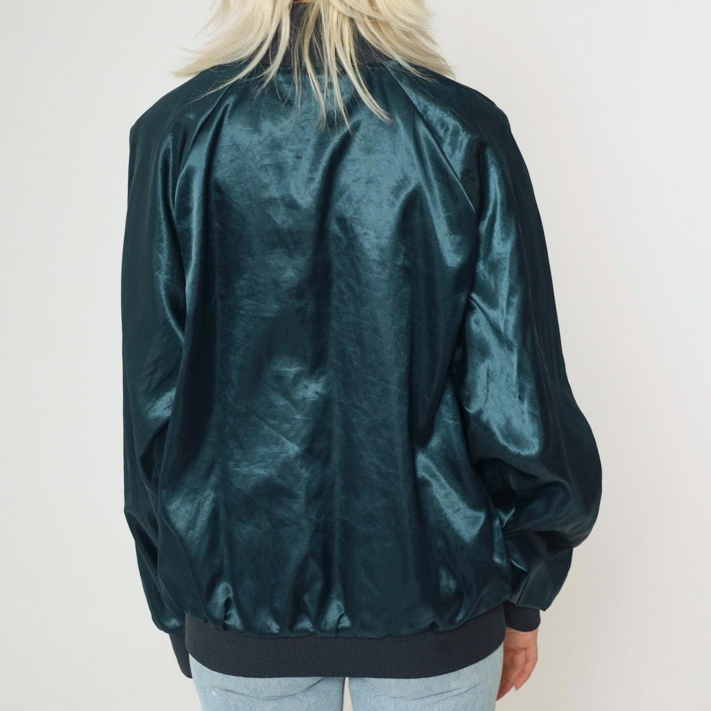 90s Bible Missionary Institute Satin Bomber Jacket Dark Blue Medium