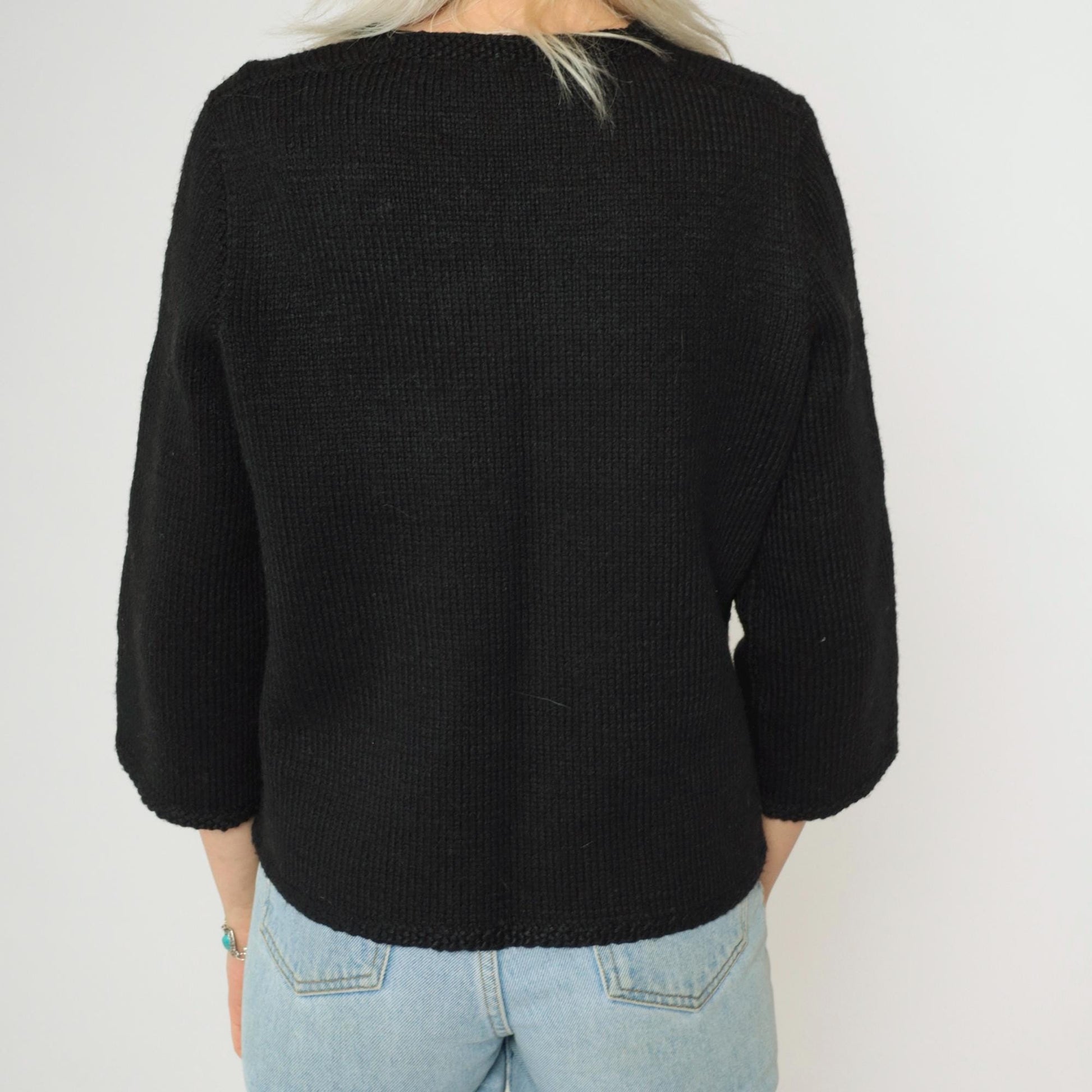 60s Black Wool Cardigan 3/4 Sleeve Open Front Knit Sweater Small
