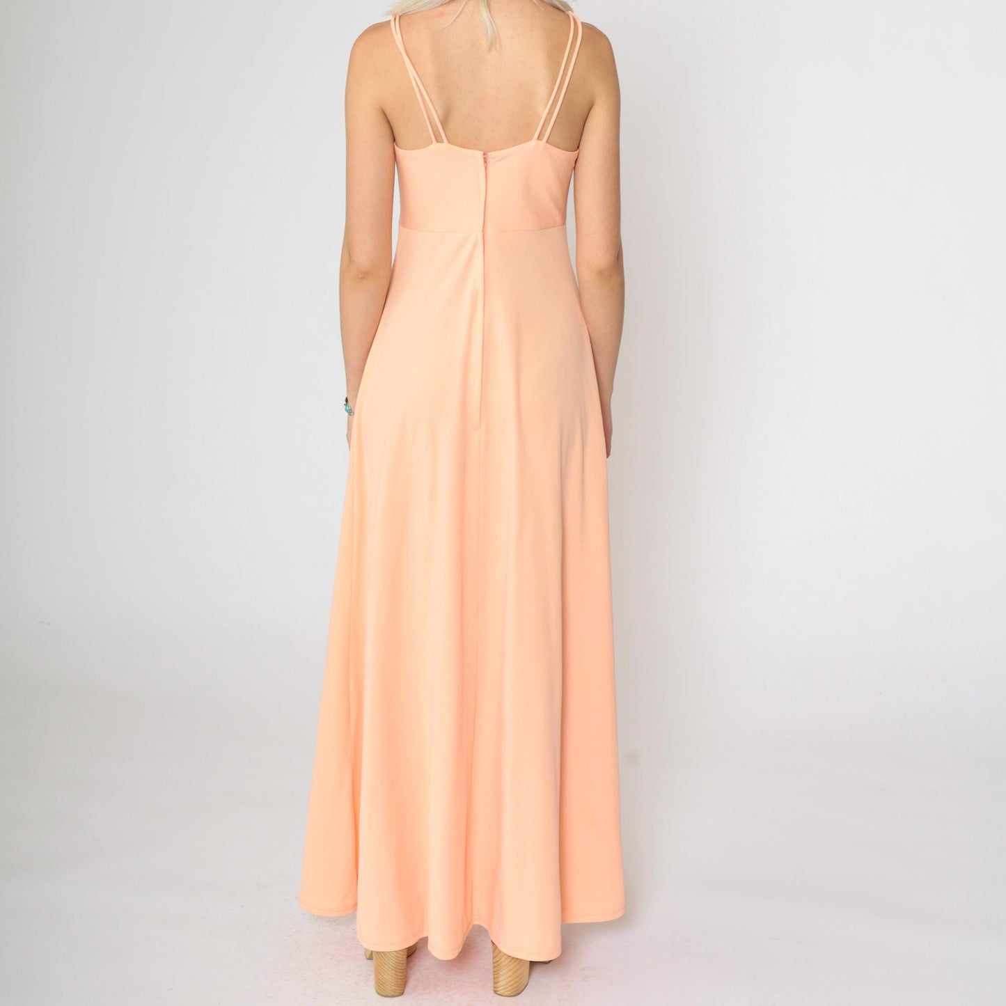 1970s Peach Grecian Maxi Dress Empire Waist Chest Tie Spaghetti Strap Small