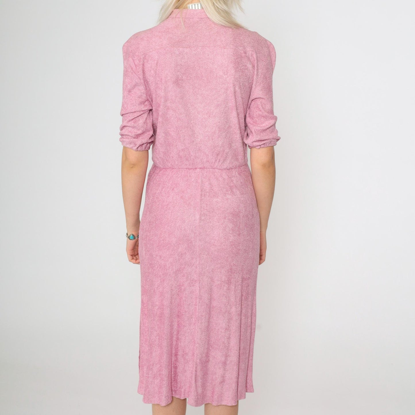 70s Pink Terry Cloth Midi Dress Mandarin Collar Button Up Half Sleeve Extra Small