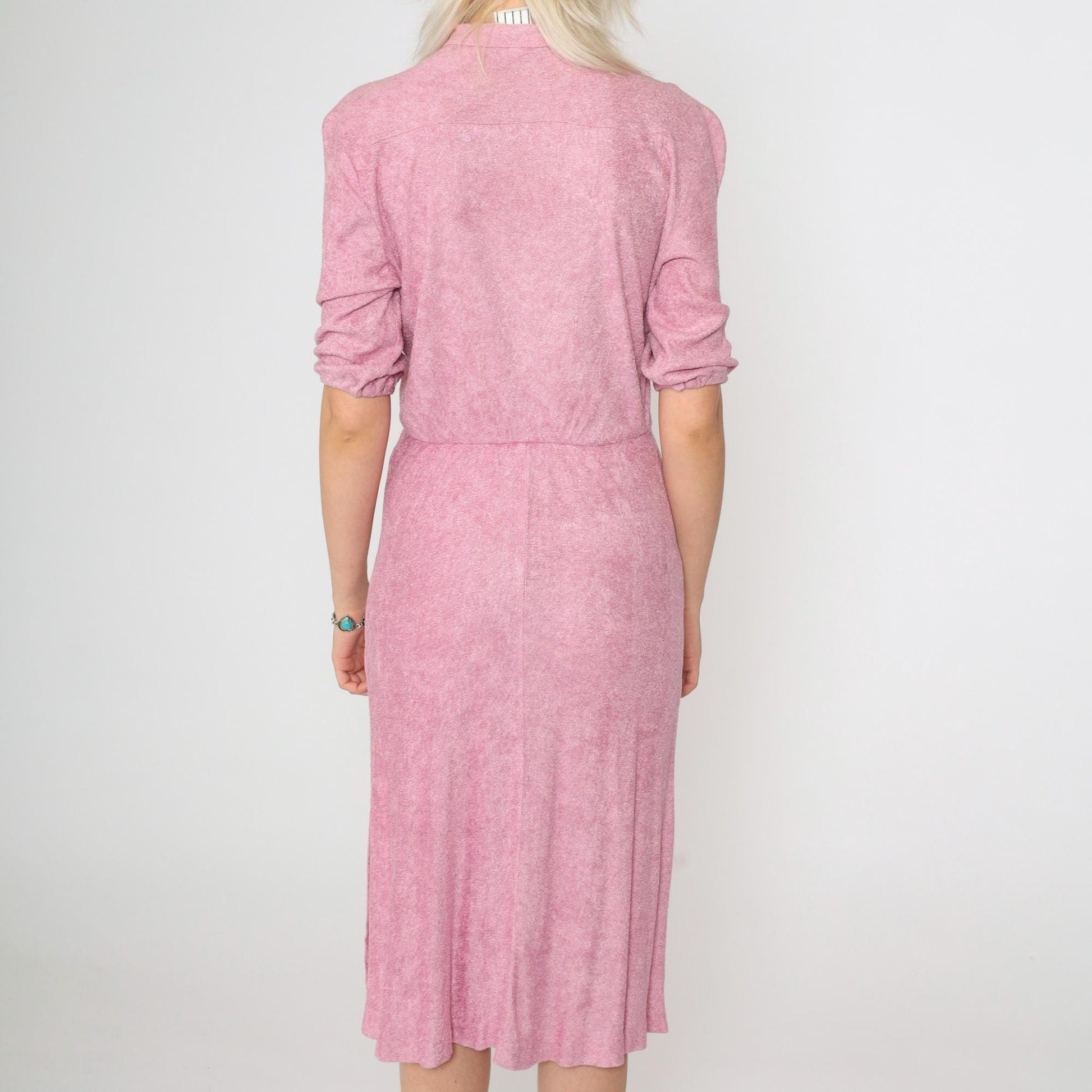 70s Pink Terry Cloth Midi Dress Mandarin Collar Button Up Half Sleeve Extra Small