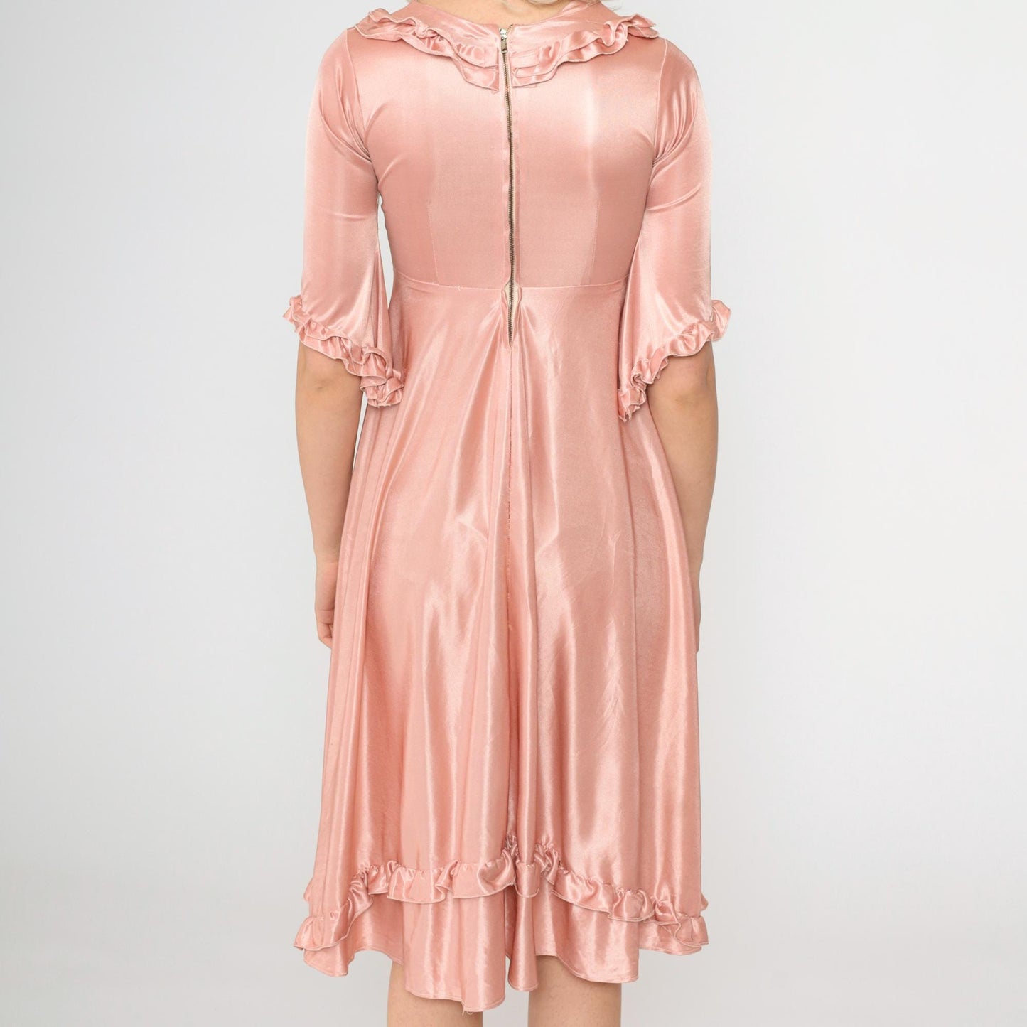 70s Pink Ruffled Babydoll Midi Dress Empire Waist Half Sleeve XXS