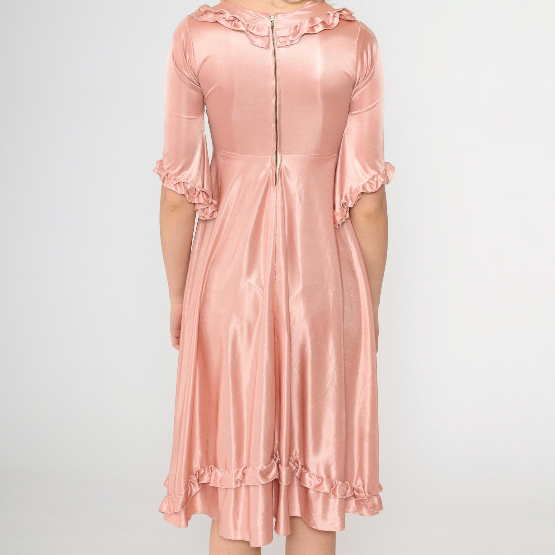 70s Pink Ruffled Babydoll Midi Dress Empire Waist Half Sleeve XXS