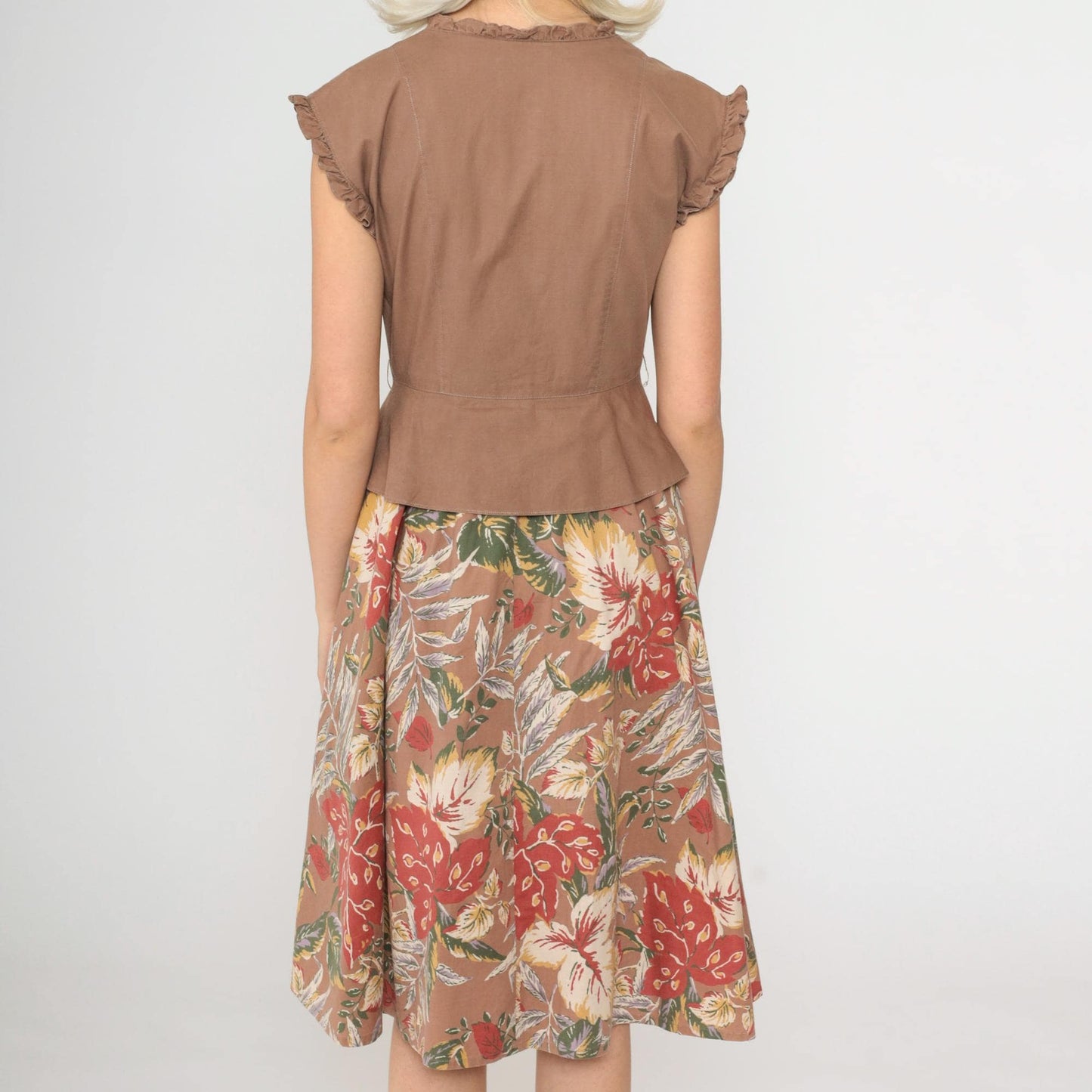 70s Floral Midi Dress Peplum Button-Up Cap Sleeve Red Green Beige Small