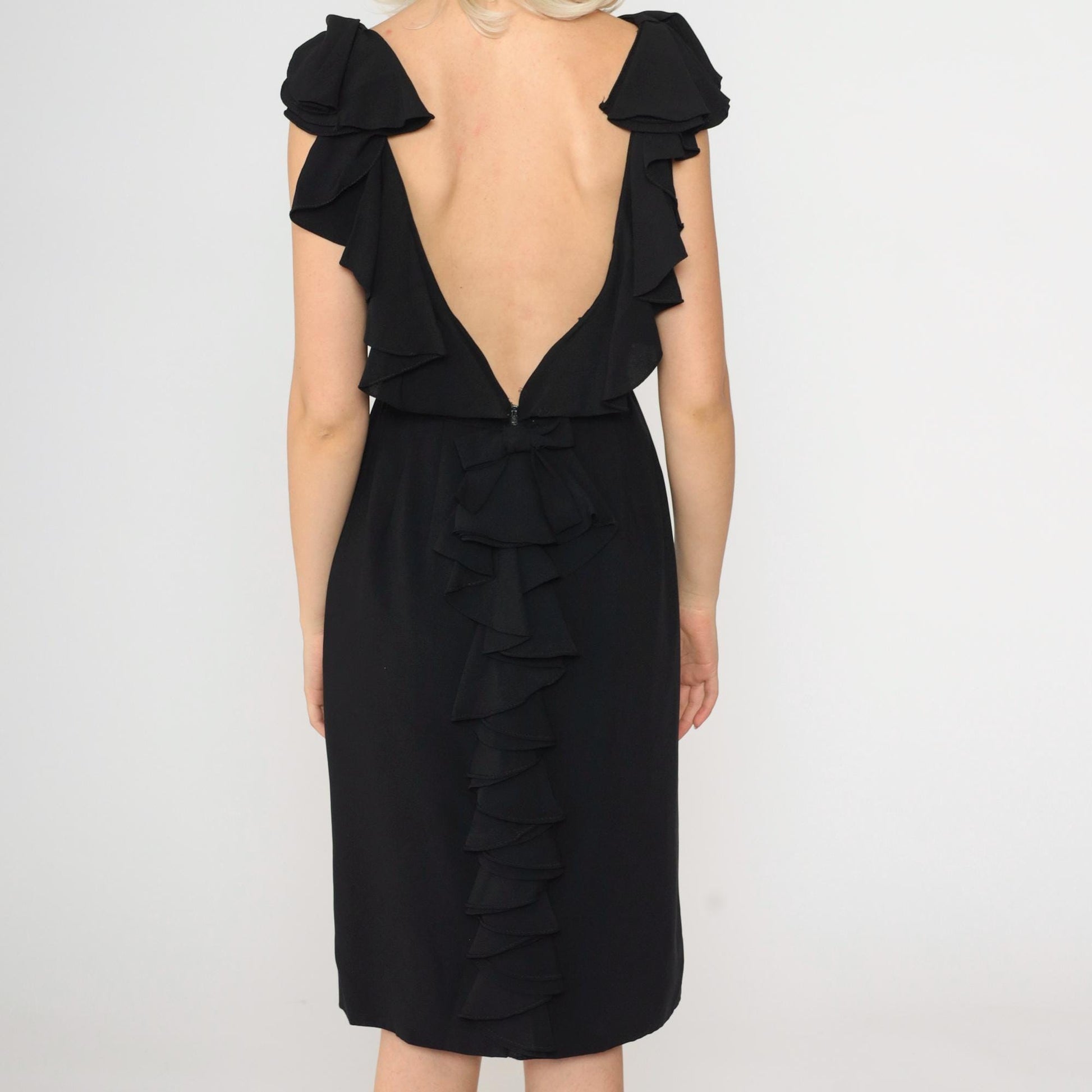 1960s Black Sheath Dress Ruffle Open Back Pencil Knee Length Small
