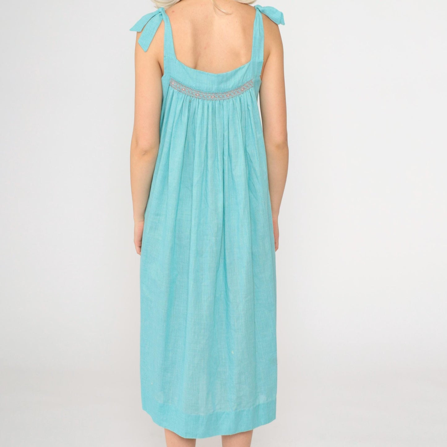 70s Blue Houndstooth Midi Dress Smocked Chest Tent Cut Sleeveless Small