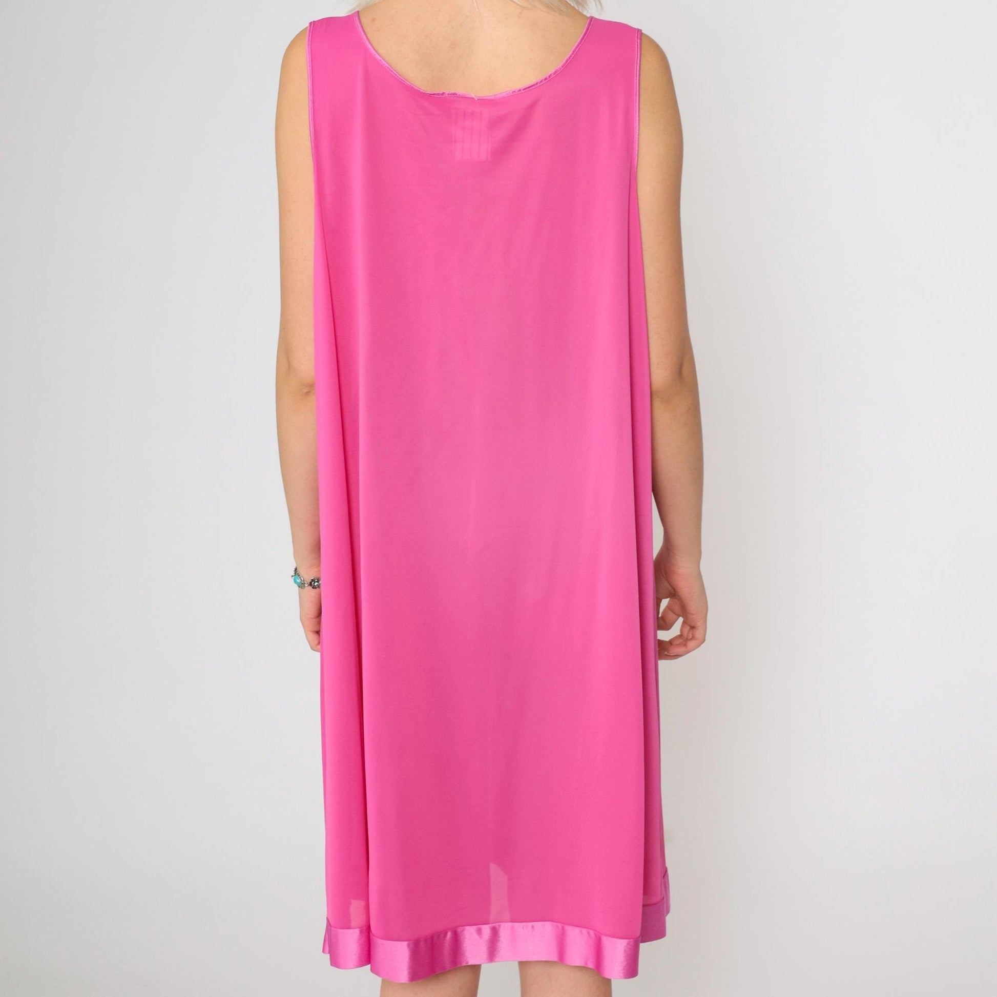 80s Hot Pink Floral Embroidered Nightgown Knee-Length Shift V-Neck Large L