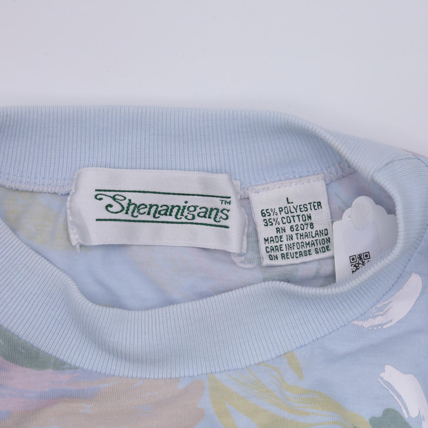 90s Floral Ringer Tee Pastel Blue Striped Graphic T-Shirt Large L