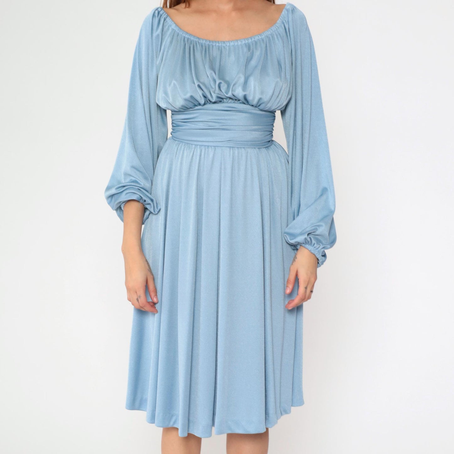 70s Blue Peasant Midi Dress Empire Waist Long Sleeve Off-Shoulder Extra Small