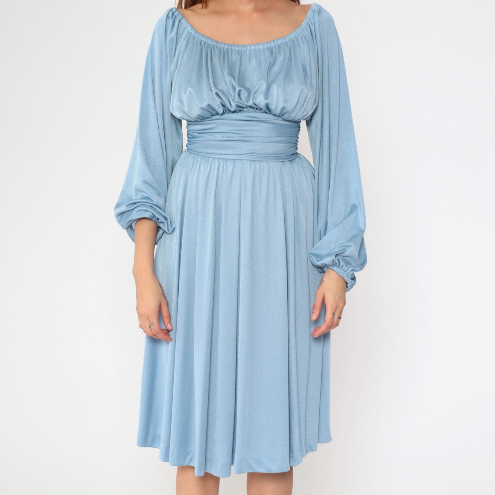 70s Blue Peasant Midi Dress Empire Waist Long Sleeve Off-Shoulder Extra Small