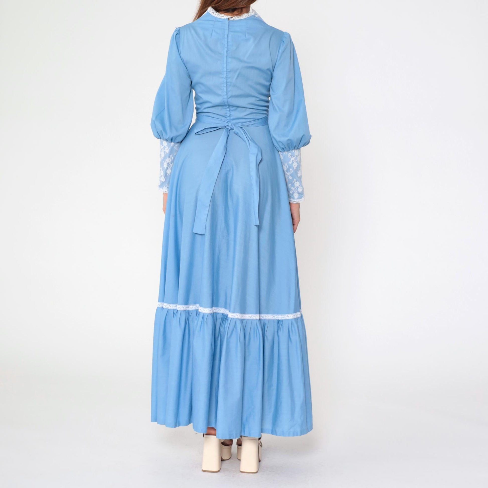 70s Blue Prairie Maxi Dress Lace Bib Puff Sleeve Lace-Up Small
