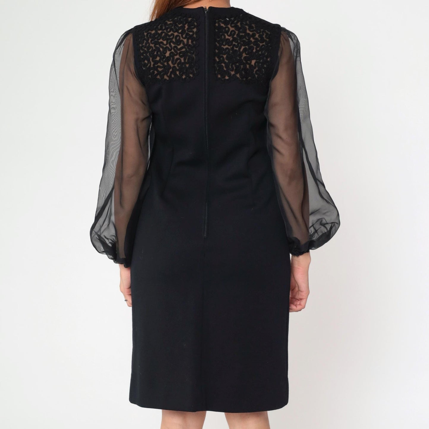 60s R & K Knits Black Sheath Dress Soutache Organza Sleeves Small