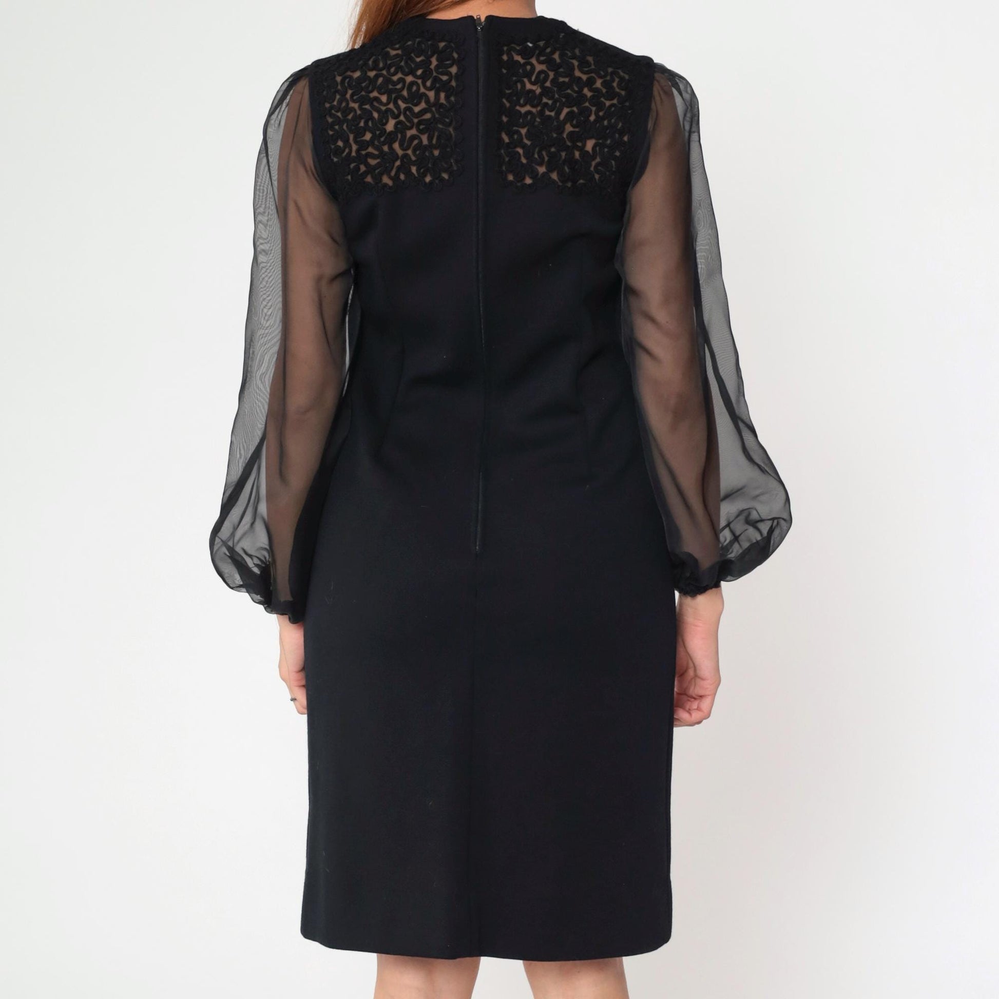 60s R & K Knits Black Sheath Dress Soutache Organza Sleeves Small