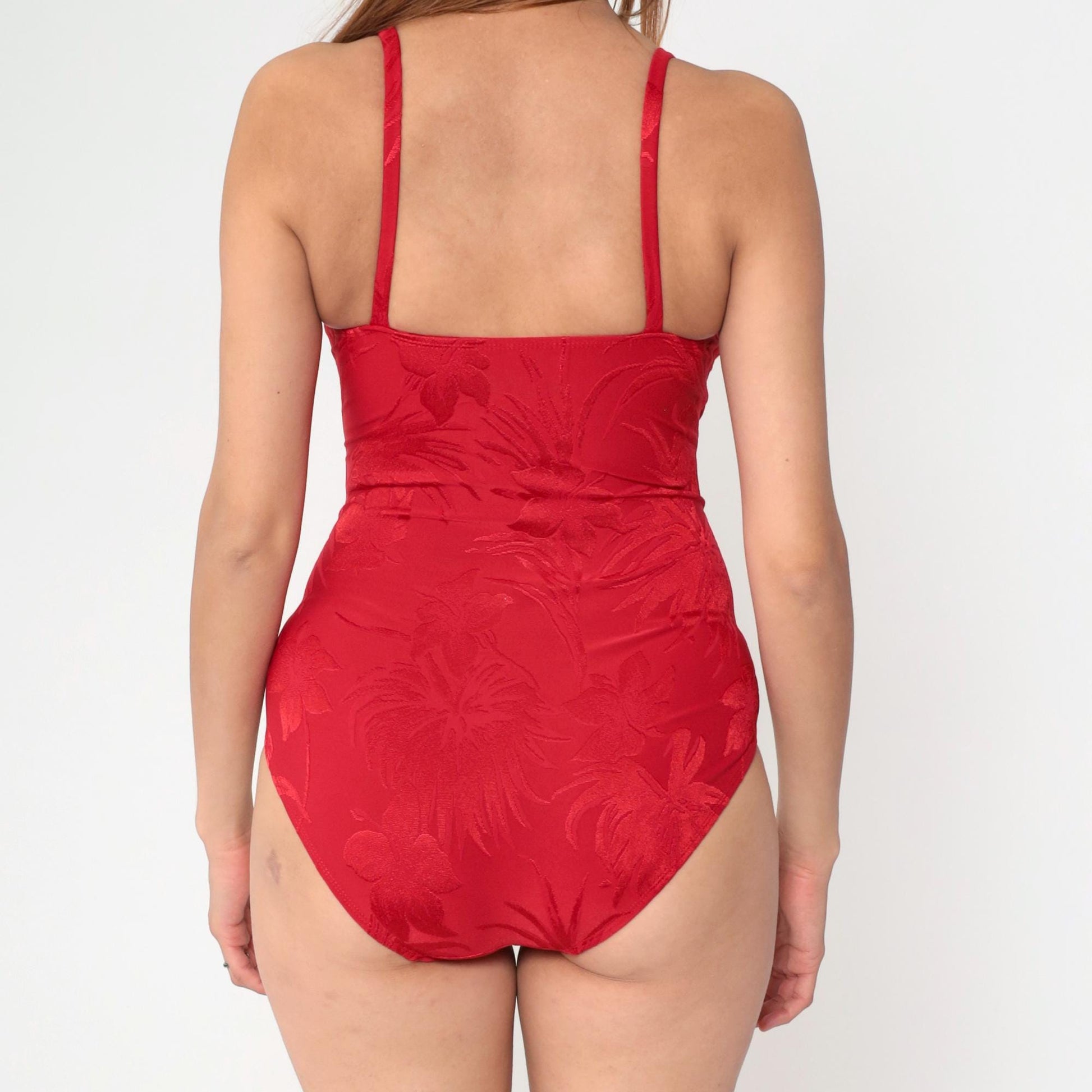 90s Red Floral Embossed One-Piece Swimsuit Tropical Print Small