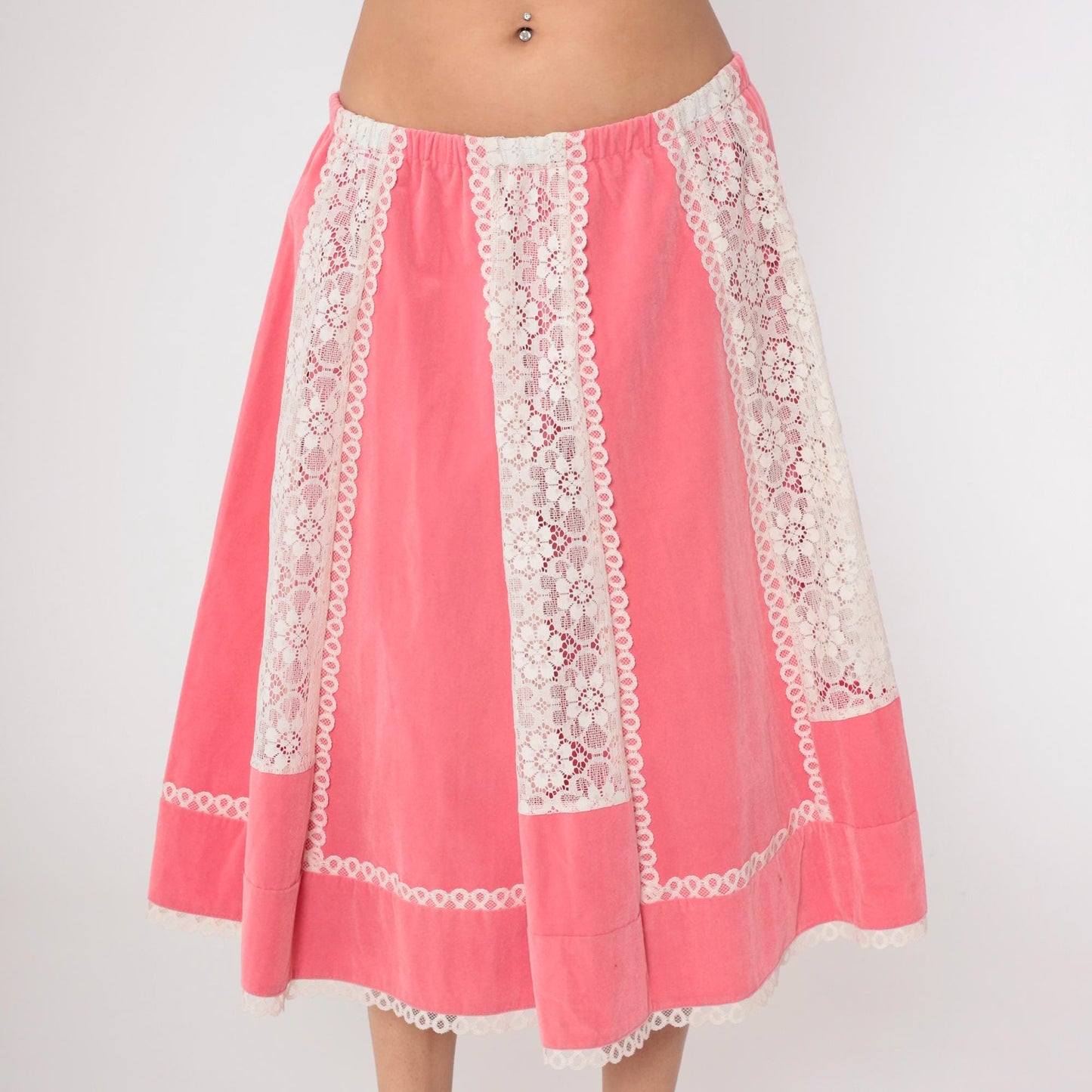 70s Carefree Fashions Pink Velour Midi Skirt Lace Trim High Waist Medium Large