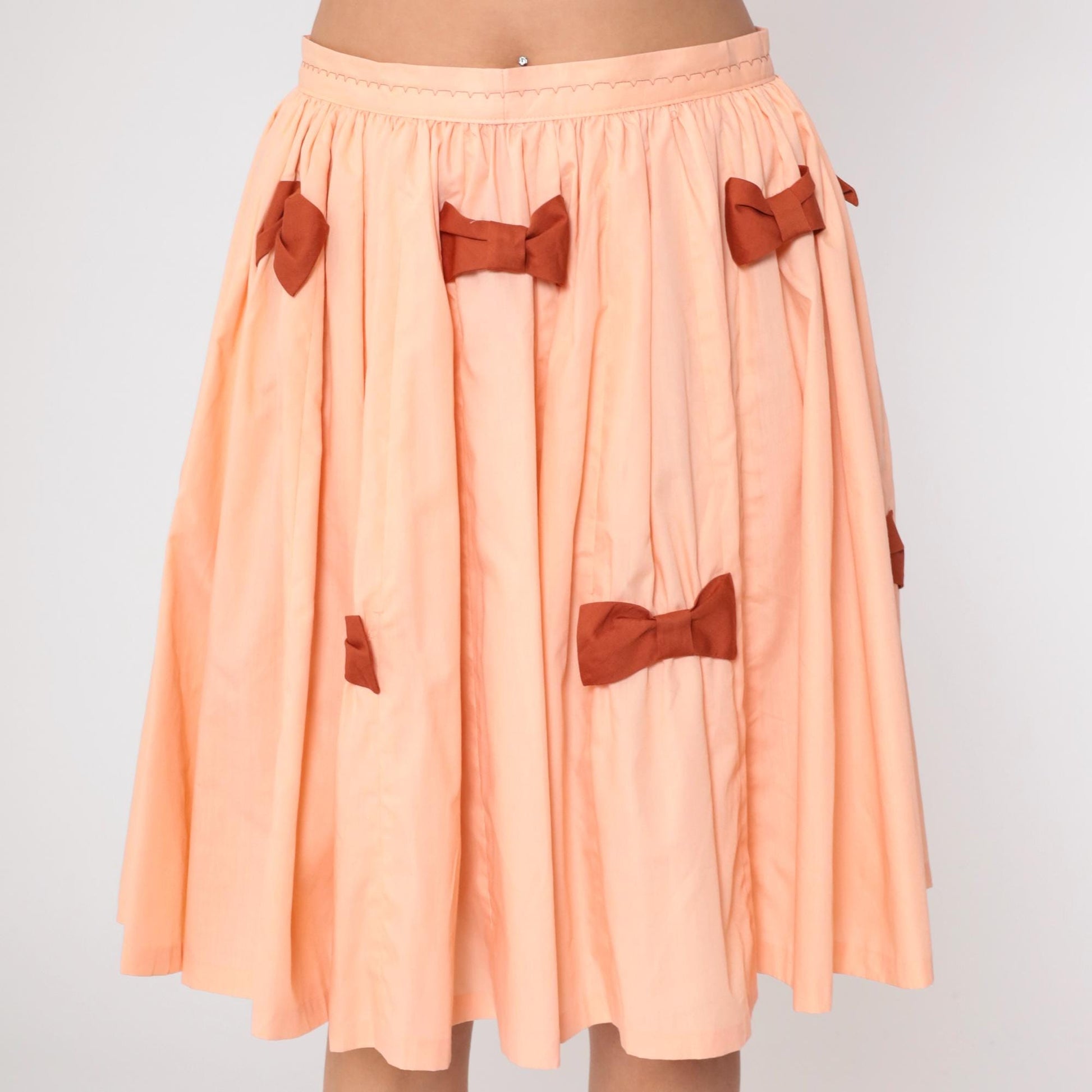 1970s Peach Full Circle Midi Skirt High Waisted Brown Bow Medium