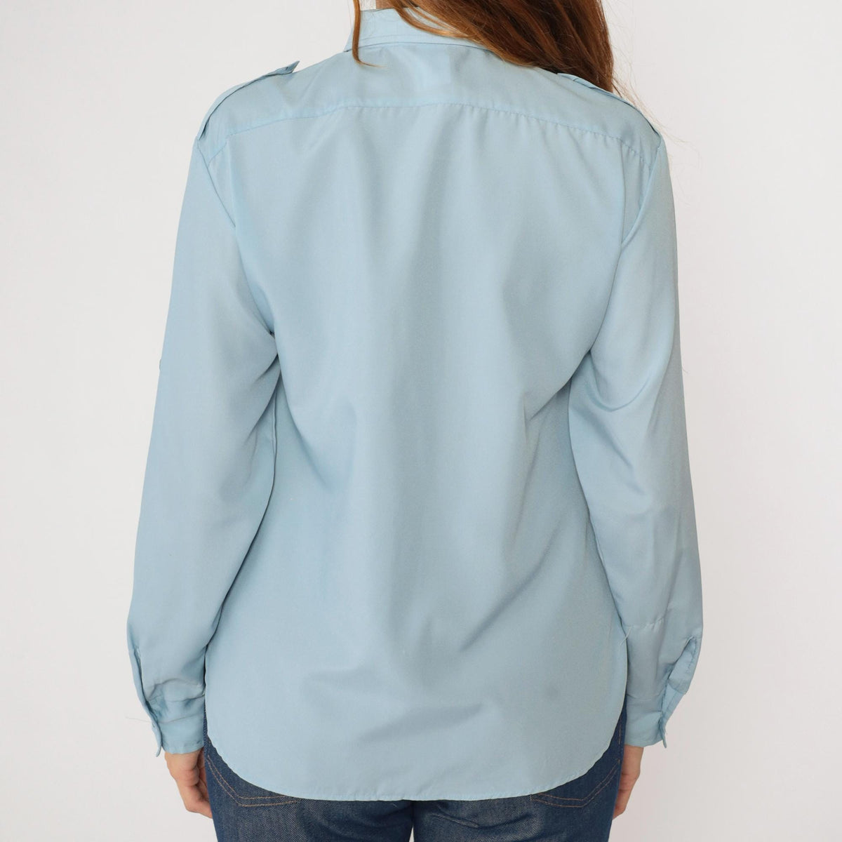 80s Ship n Shore Light Blue Button-Up Blouse Roll Tab Sleeves Medium