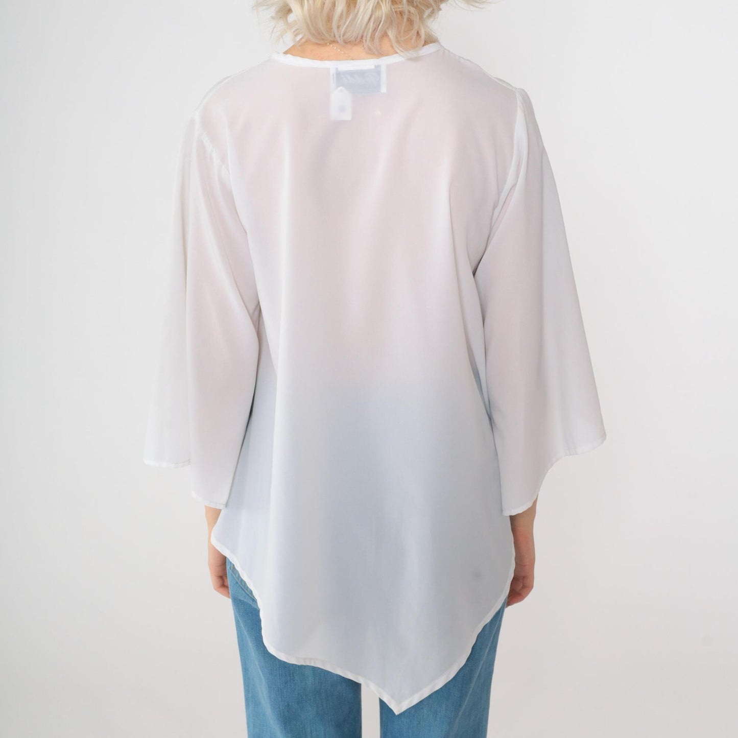 70s Teddi of California Floral Blouse White Bell Sleeve Keyhole Neck Medium