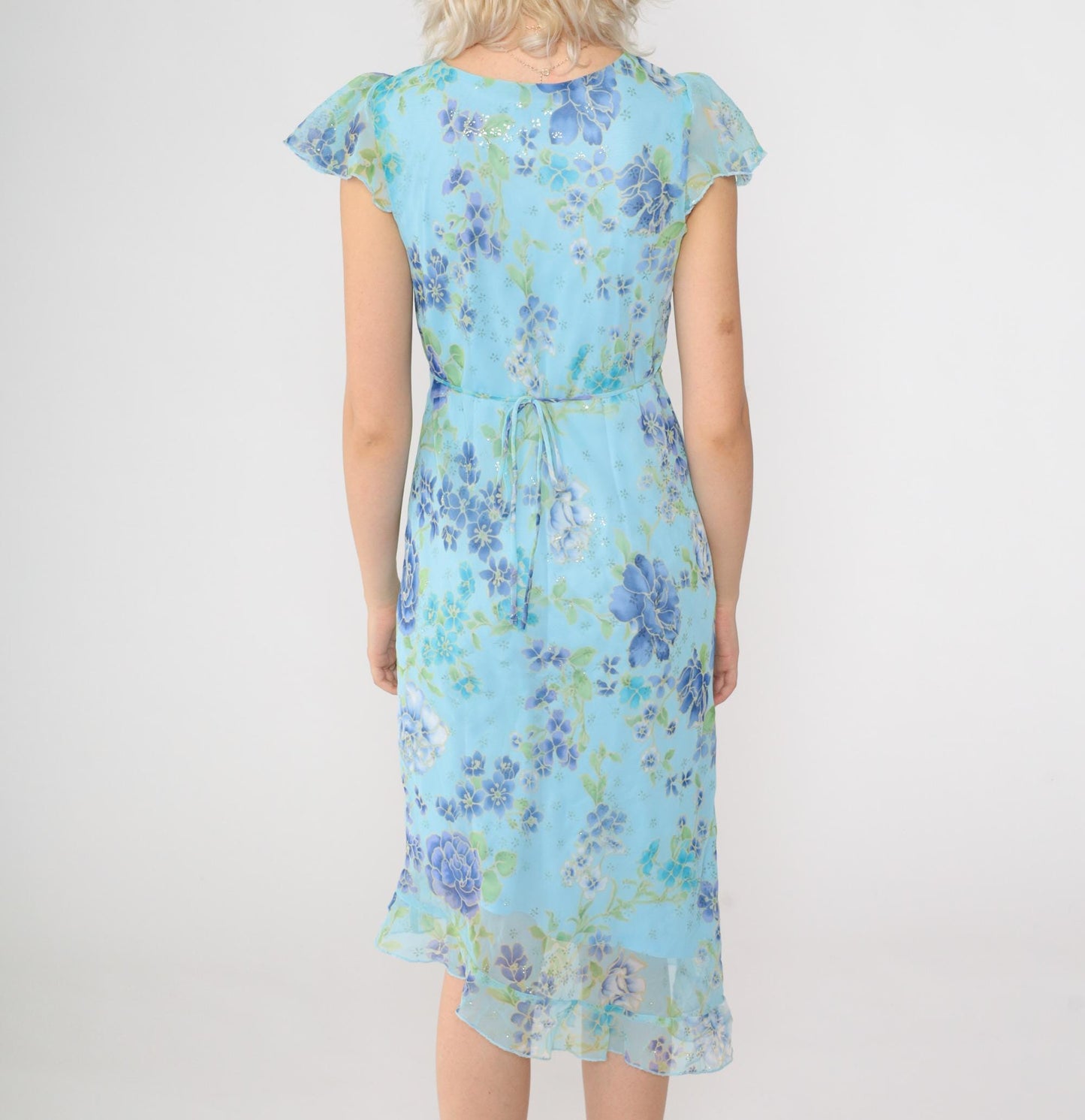 90s Blue Sparkly Floral Midi Dress Asymmetrical V-Neck Flutter Sleeve Small