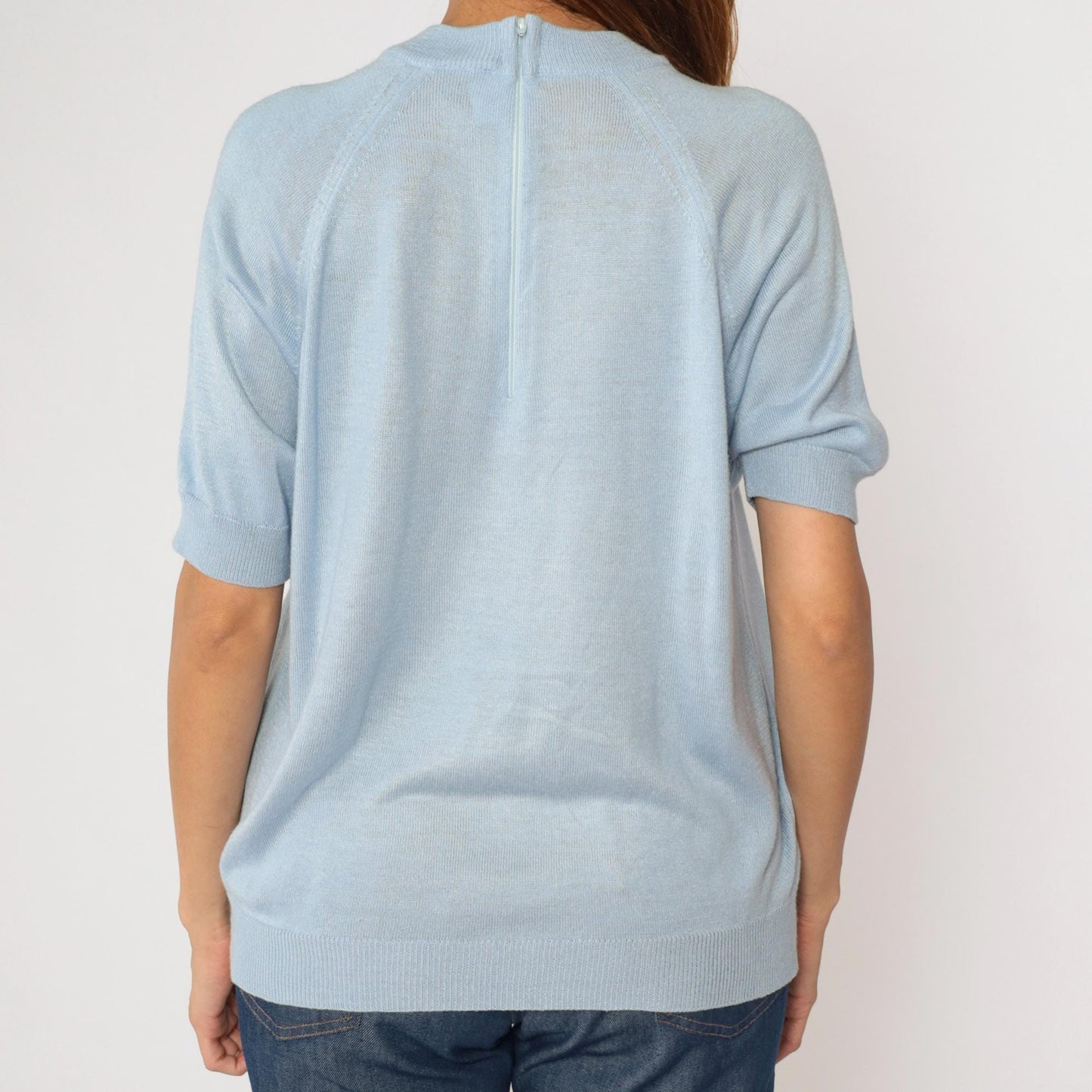 80s Blue Knit Sweater Raglan Short Sleeve Crewneck Rear Zip Large L