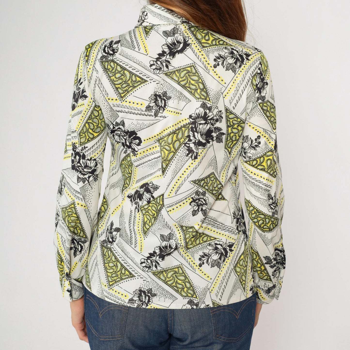 70s Floral Paisley Dagger Collar Button-Up Blouse Long Sleeve White Small