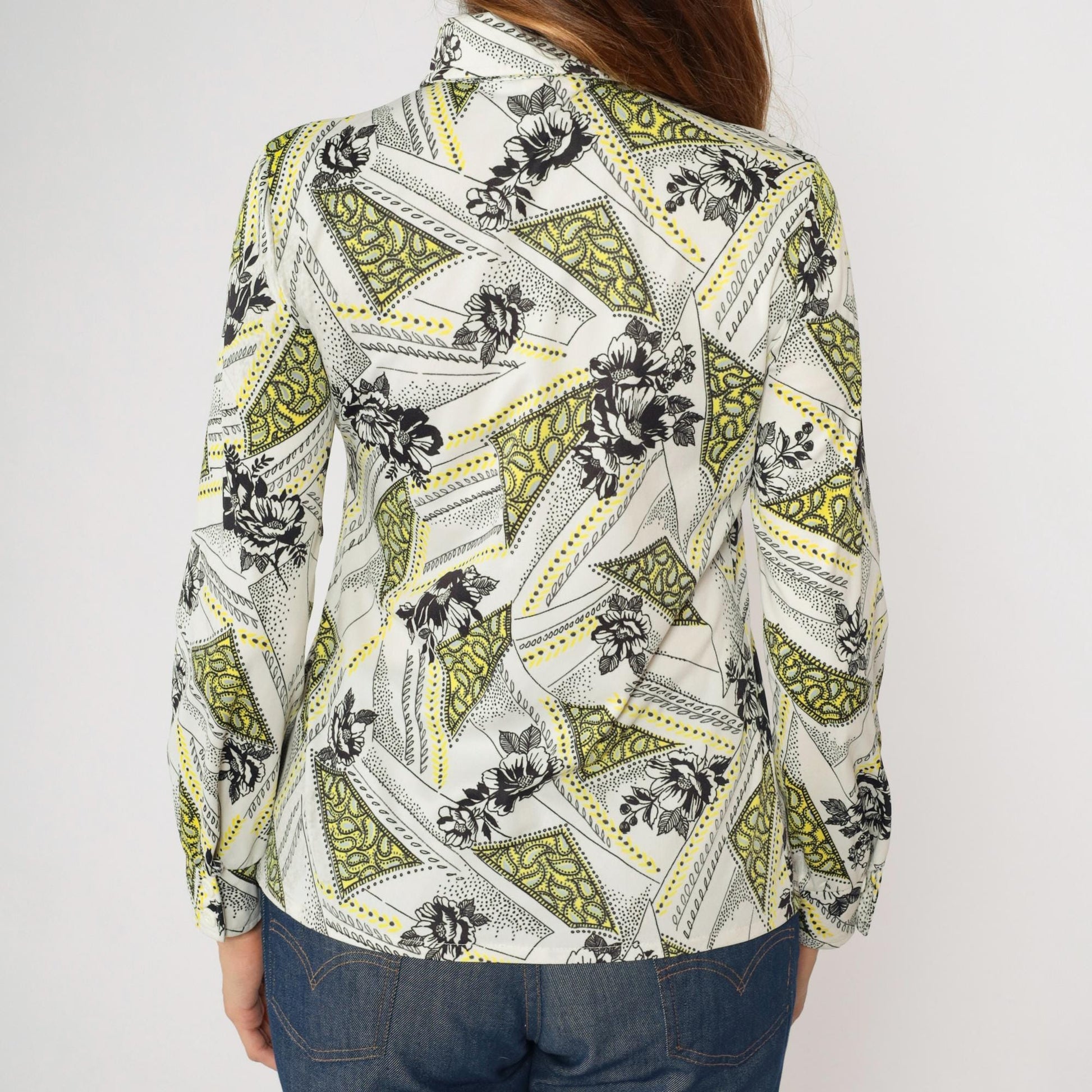 70s Floral Paisley Dagger Collar Button-Up Blouse Long Sleeve White Small