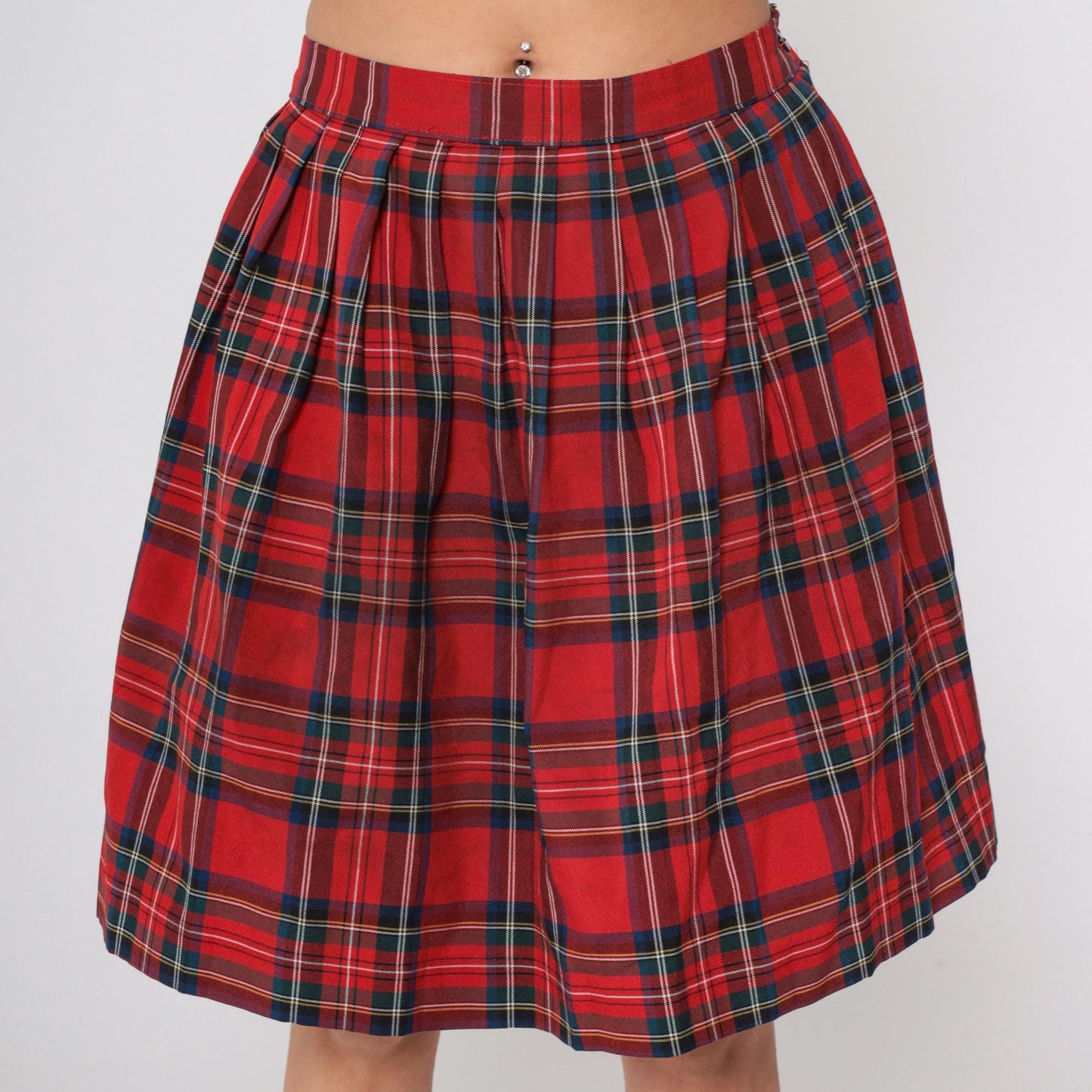 90s Red Plaid Pleated Midi Skirt High Waist Tartan Medium