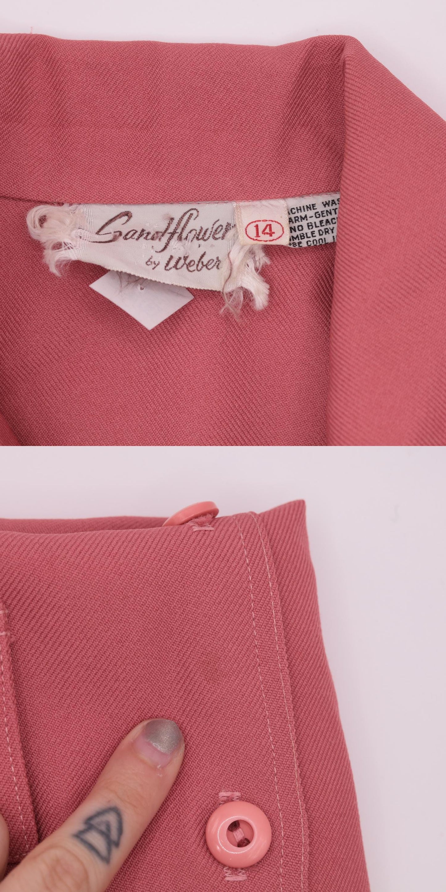 70s Pink Dagger Collar Button-Up Blouse Long Sleeve Chest Pocket Medium
