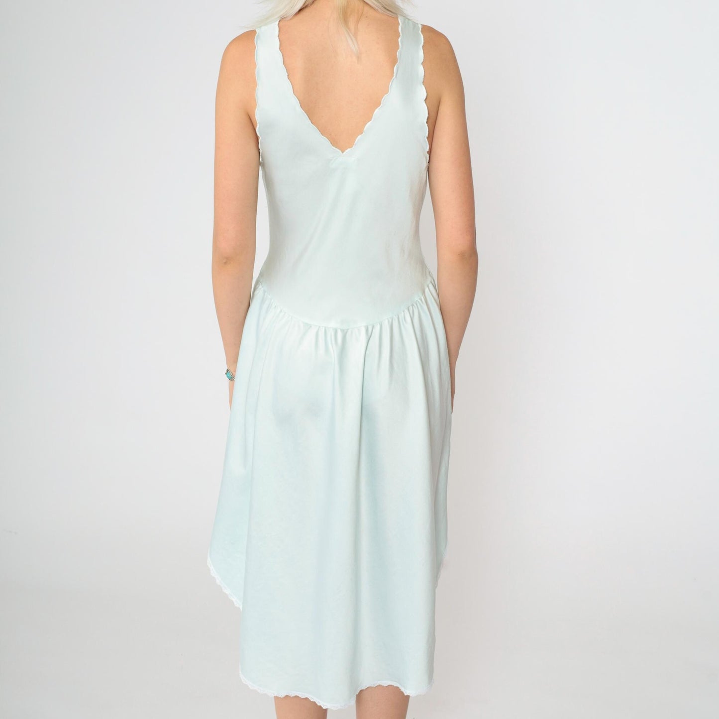 80s Baby Blue Satin Slip Dress Floral Embroidered Lace Midi Nightgown Extra Small