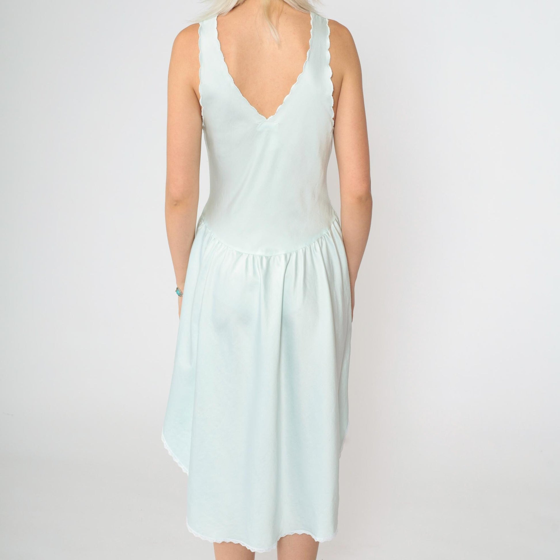 80s Baby Blue Satin Slip Dress Floral Embroidered Lace Midi Nightgown Extra Small
