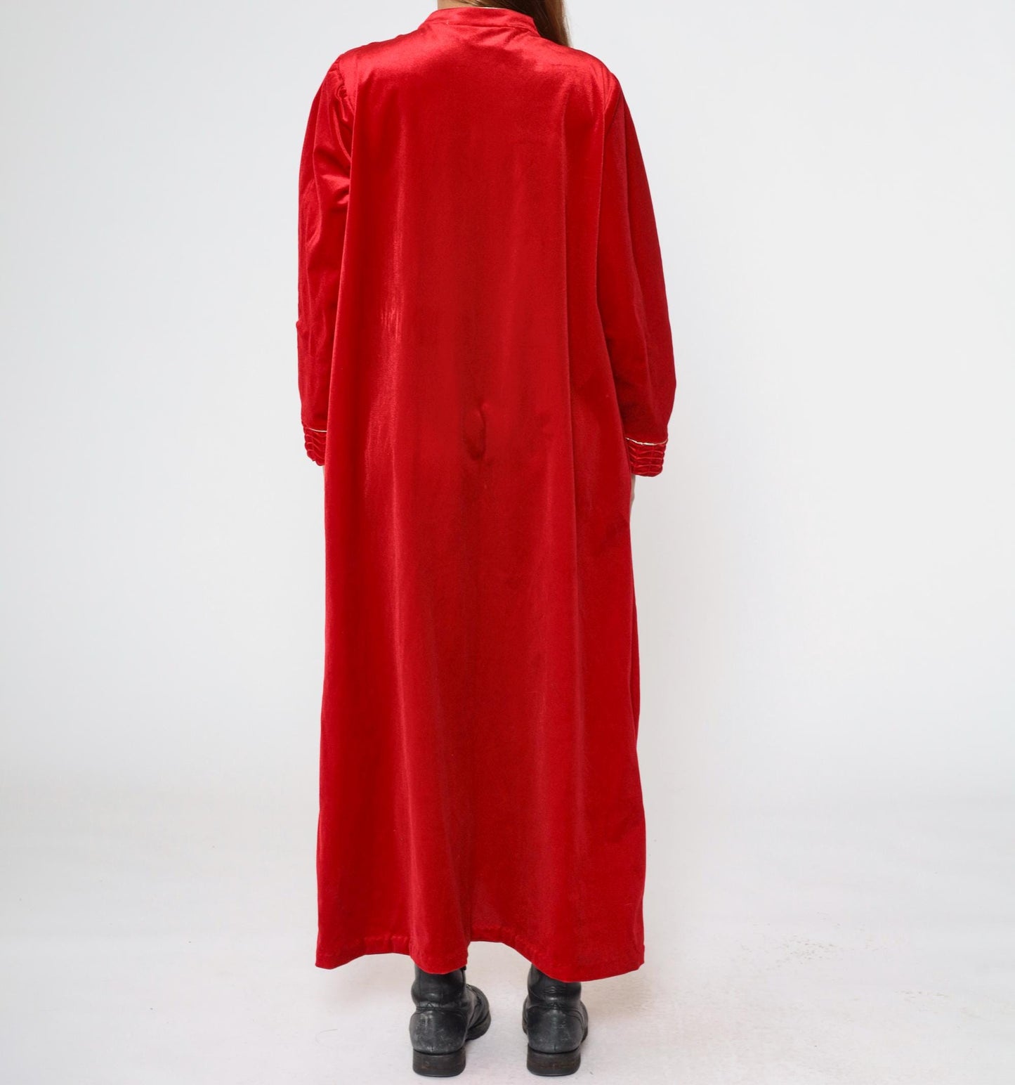 90s Red Velour Maxi Robe Dress Zip Front Gold Trim Large XL