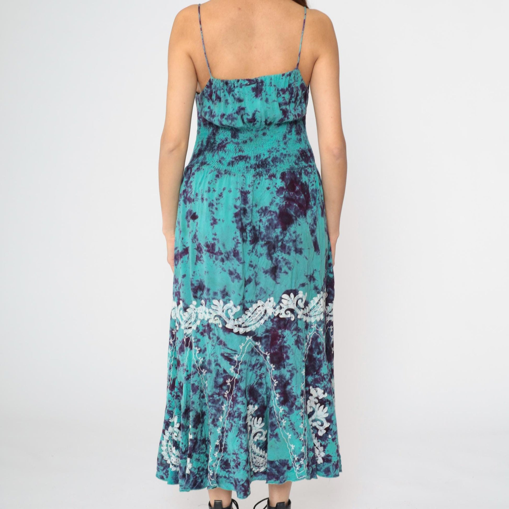 90s Tie Dye Midi Sun Dress Turquoise Purple Smocked Spaghetti Strap Small Medium