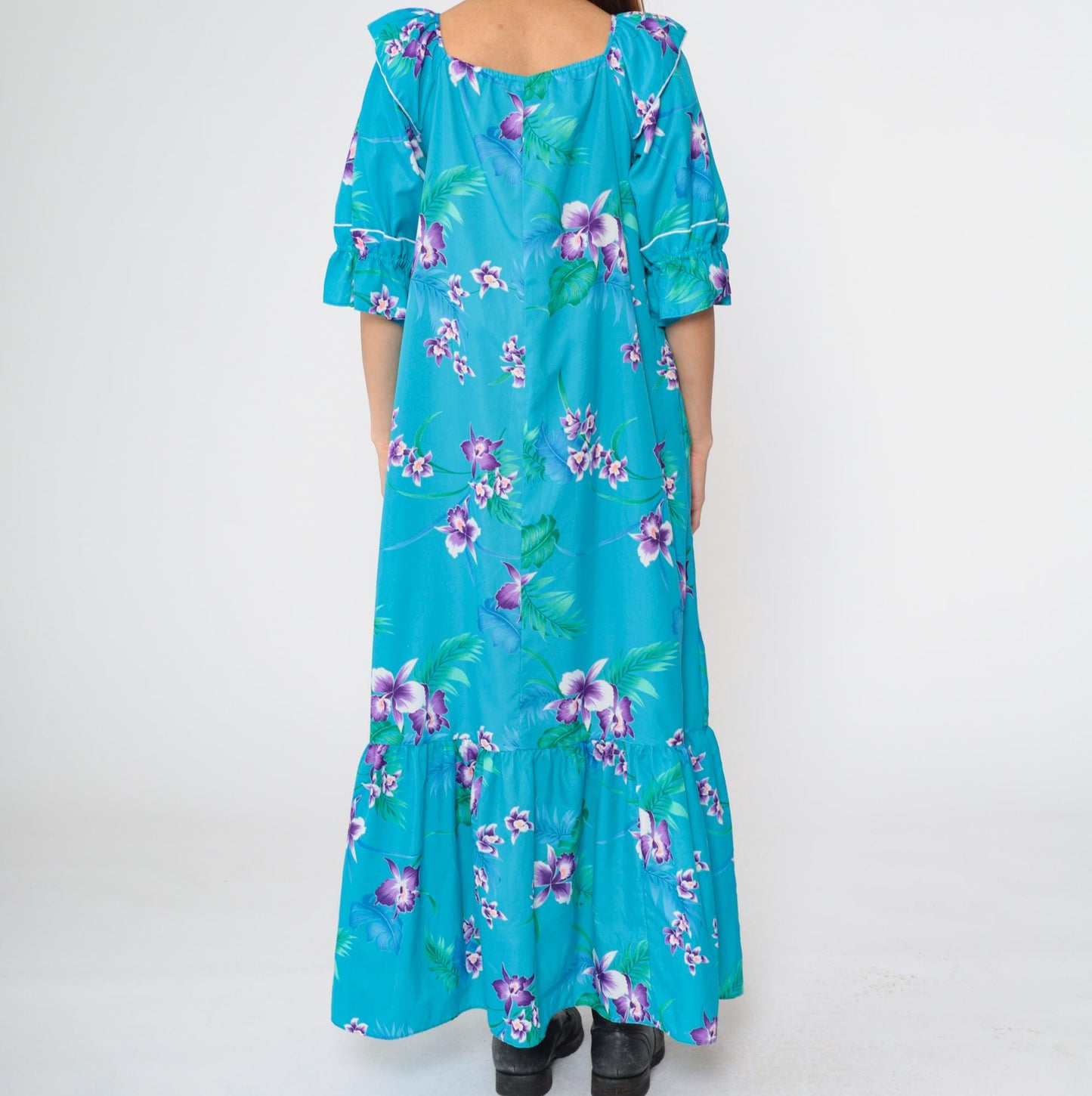 80s Blue Tropical Floral Maxi Dress 3/4 Sleeve Flounce Hem Medium