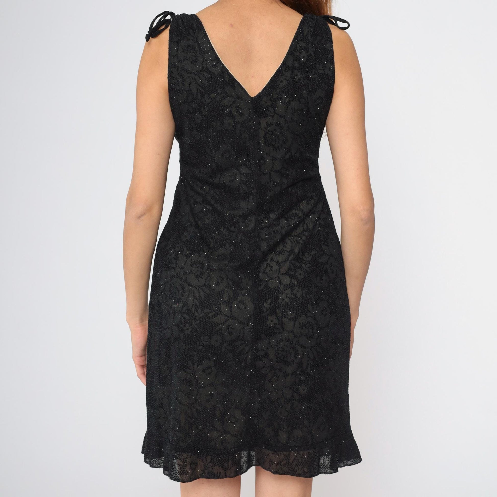 90s Y2K Black Floral Metallic Mini Dress Empire Waist V-Neck Small