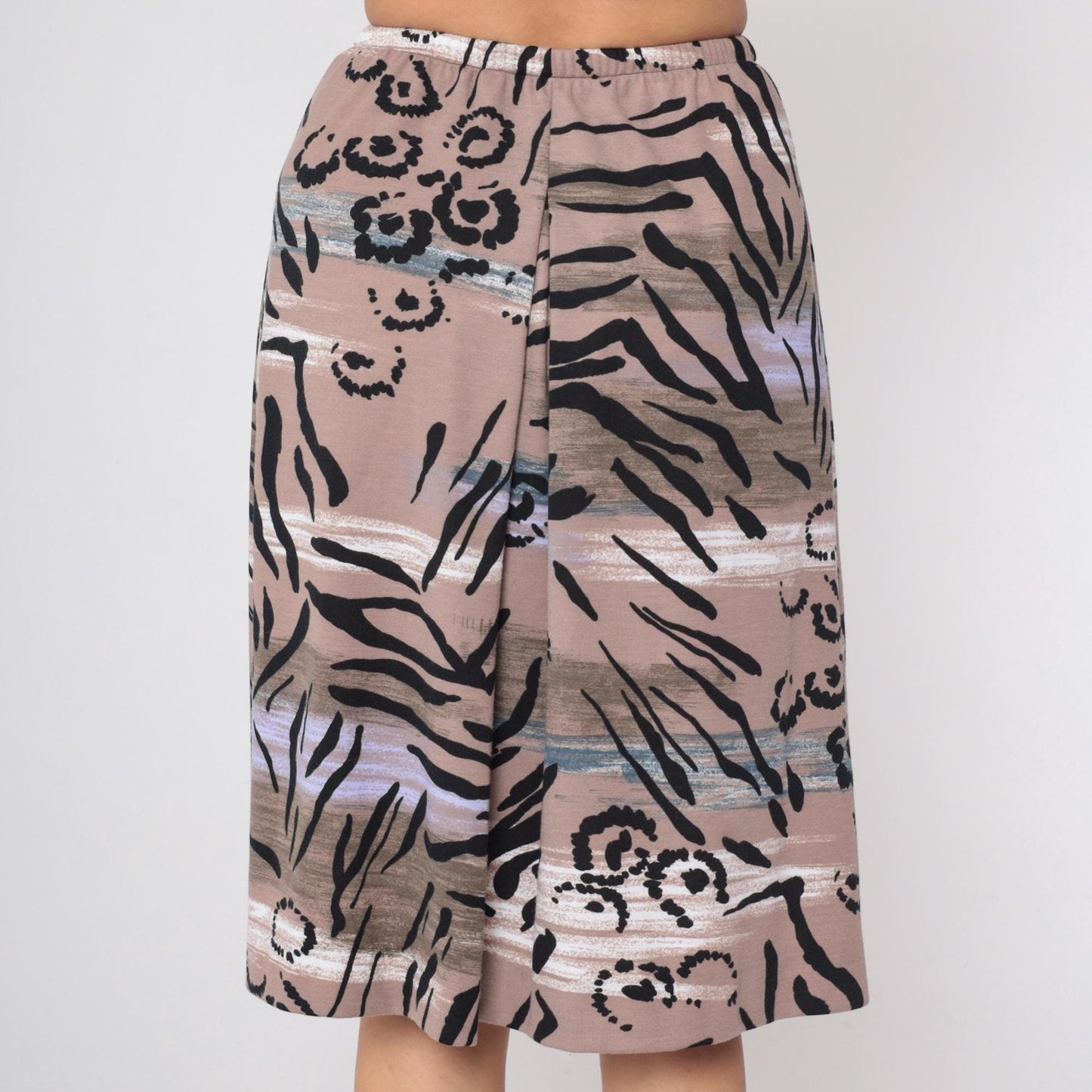 90s Abstract Floral Midi Skirt High Waist Tropical Leaf Print Taupe Small