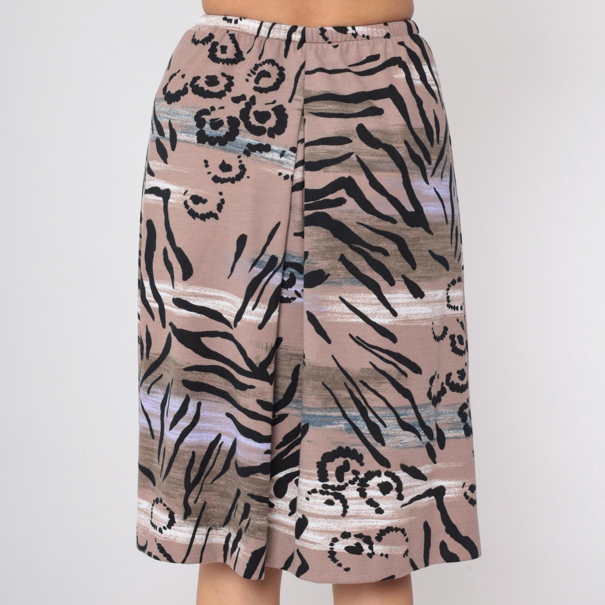 90s Abstract Floral Midi Skirt High Waist Tropical Leaf Print Taupe Small