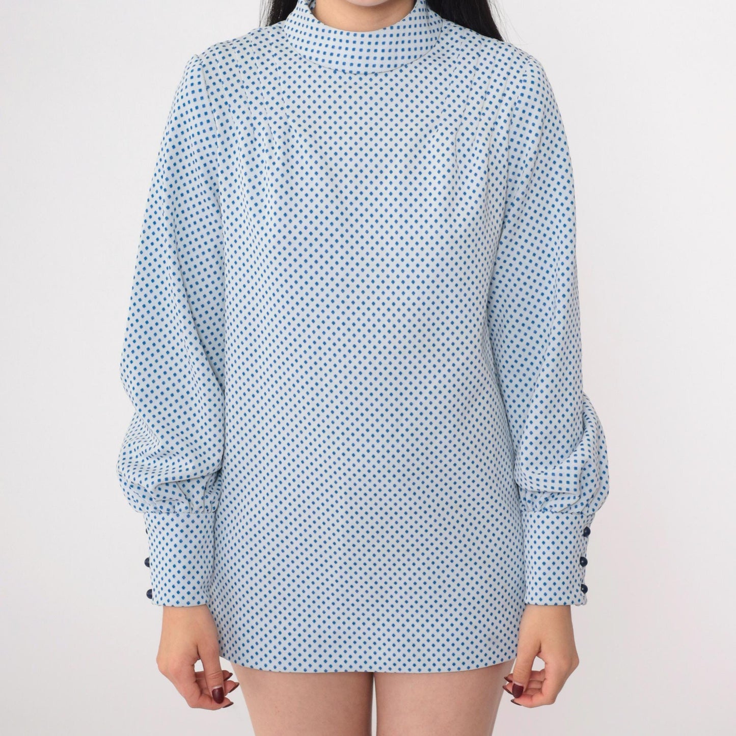 60s Mod Blouse White Blue Polka Dot Mock Neck Long Sleeve Small