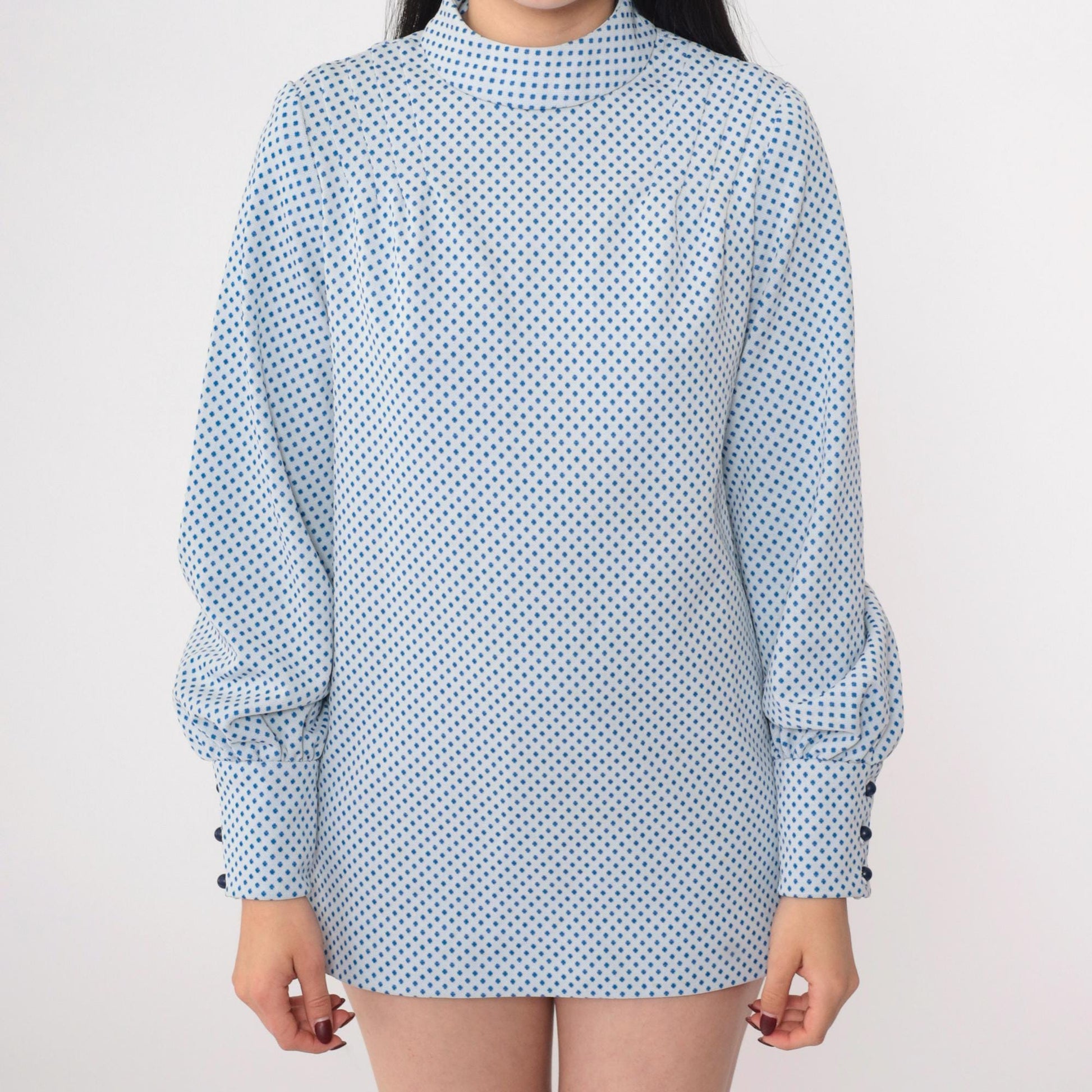 60s Mod Blouse White Blue Polka Dot Mock Neck Long Sleeve Small