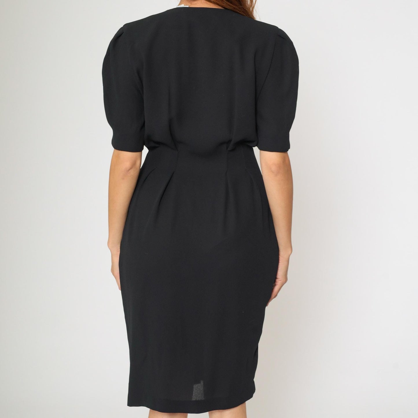90s Ms Chaus Black Button-Up Midi Dress Puff Sleeve Pencil Medium 8