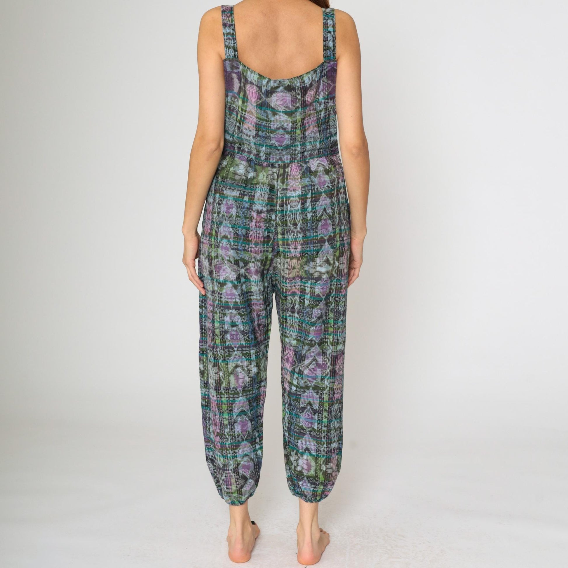 90s Guatemalan Patchwork Jumpsuit Floral Bird Print Square Neck Open Sides Large