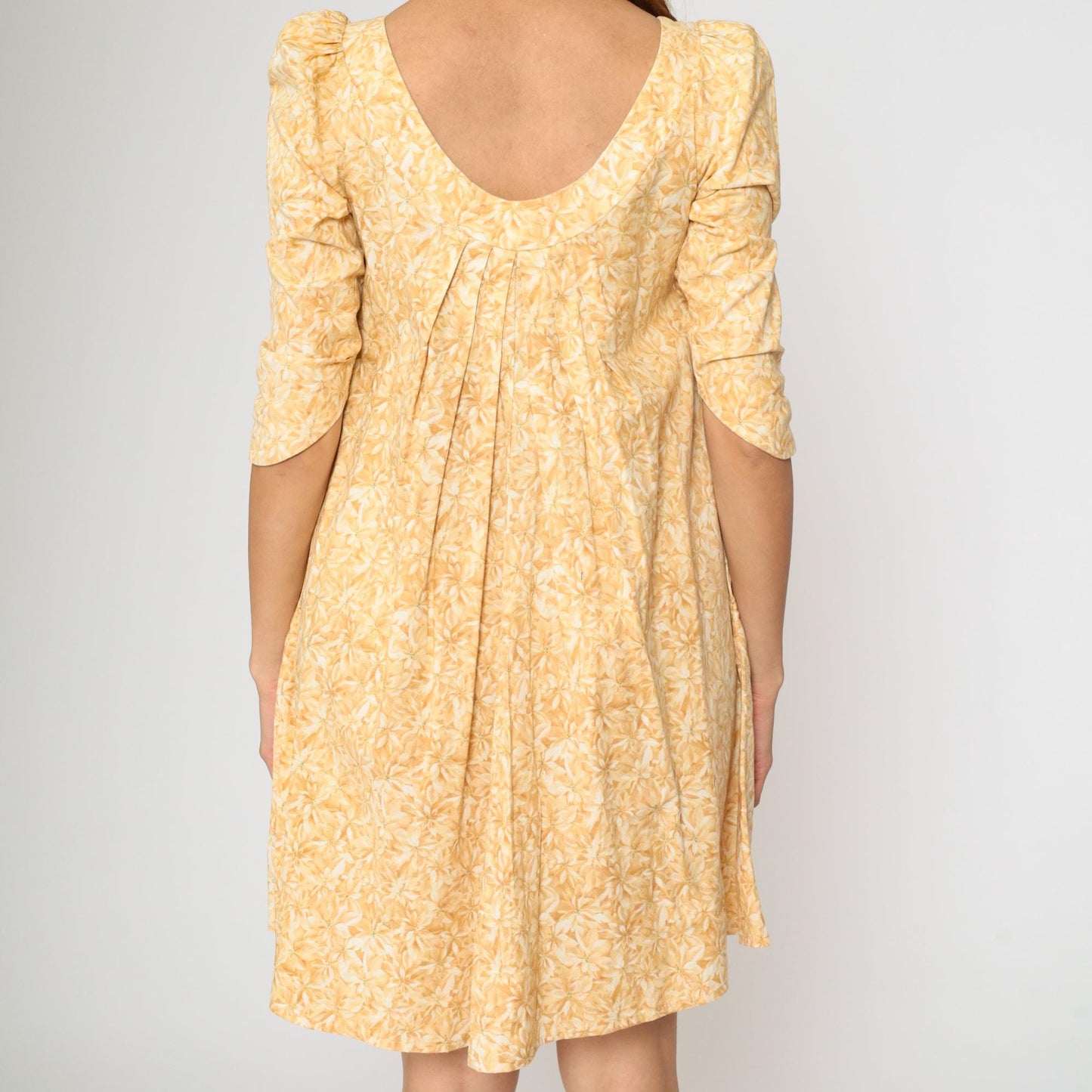 90s Hilo Hattie Hawaiian Yellow Floral Mini Dress Puff Sleeve A-Line Extra Small