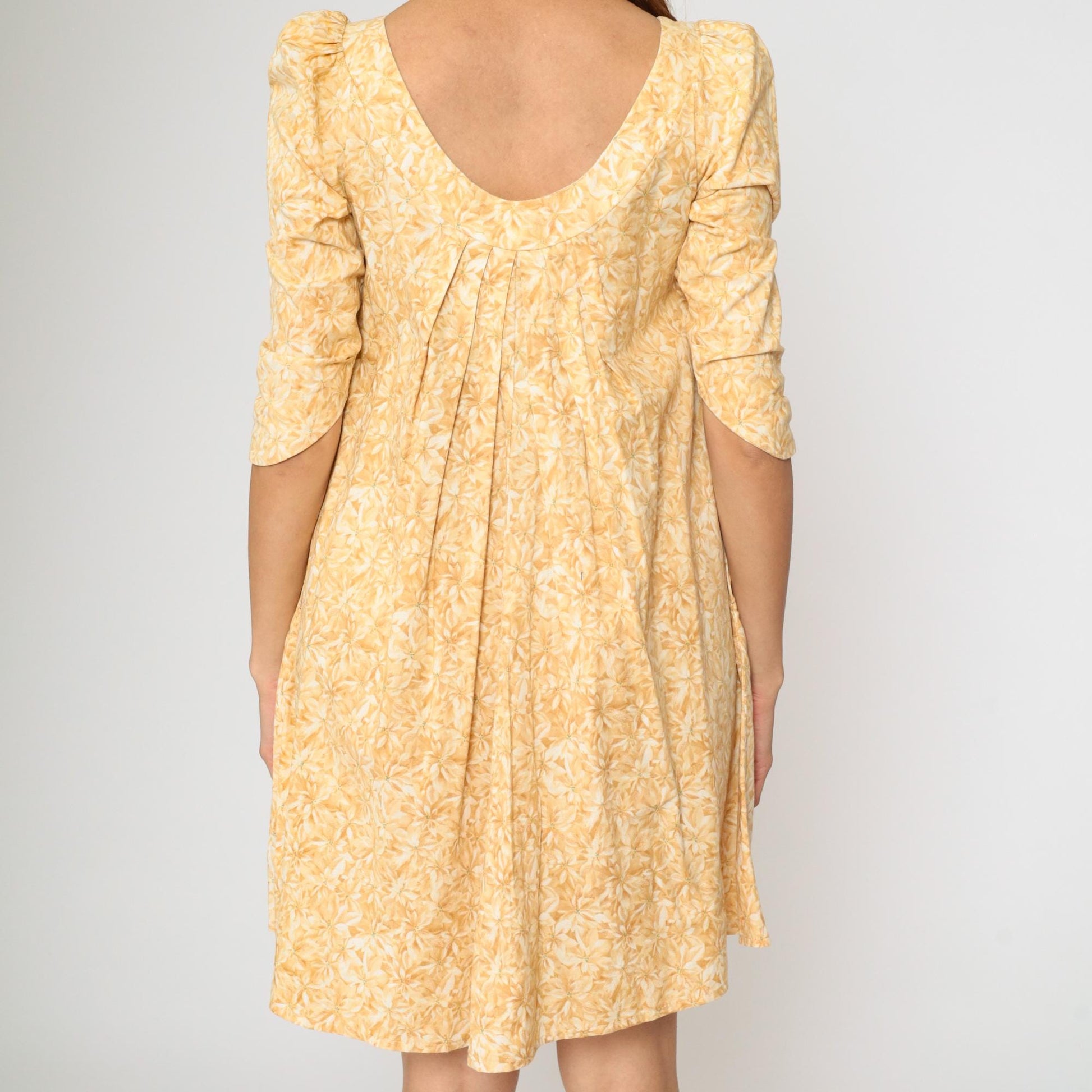 90s Hilo Hattie Hawaiian Yellow Floral Mini Dress Puff Sleeve A-Line Extra Small